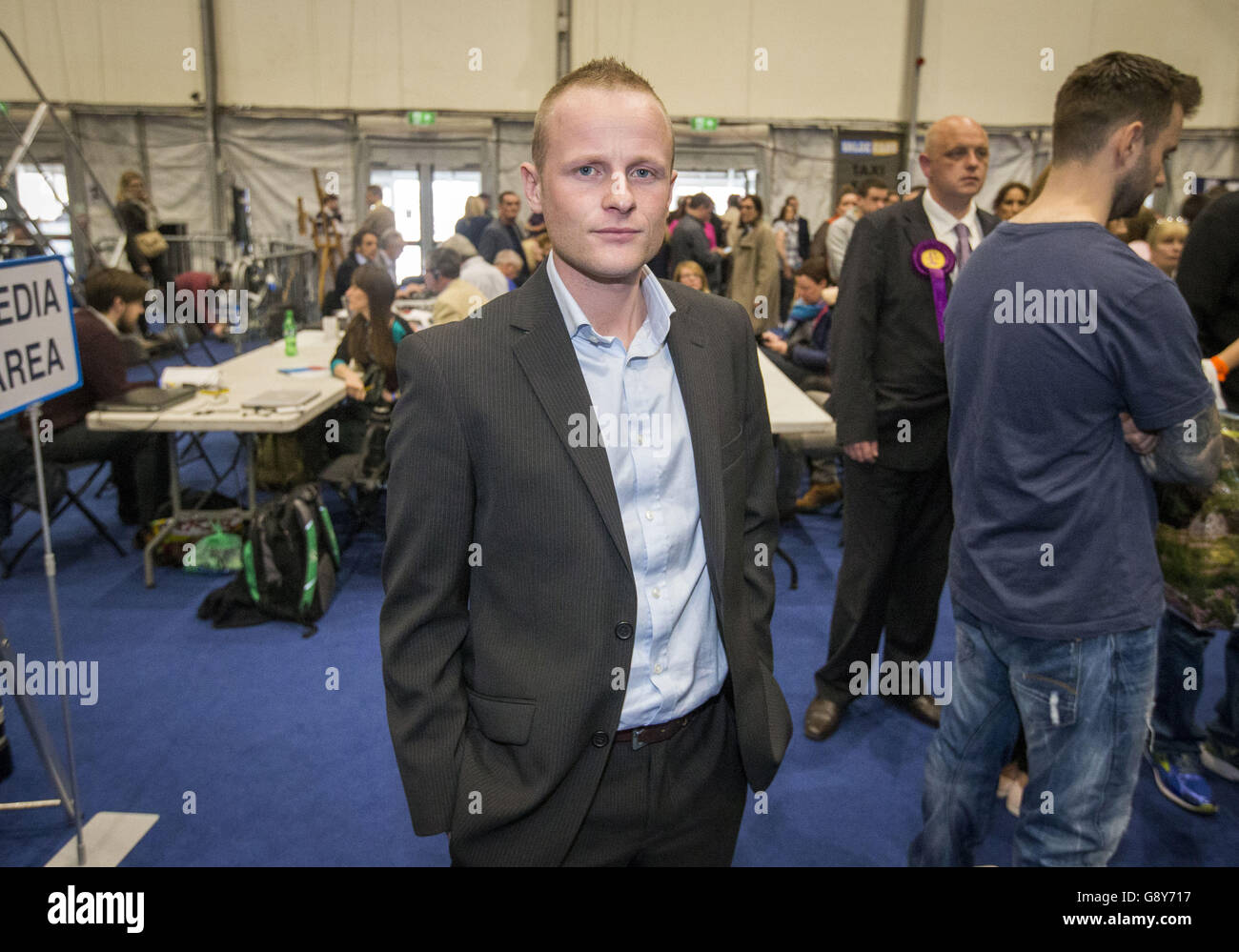 Loyalist activist Jamie Bryson at the Titanic Exhibition Centre in Belfast, where the counting of votes continues in the Northern Ireland Assembly Elections. Stock Photo