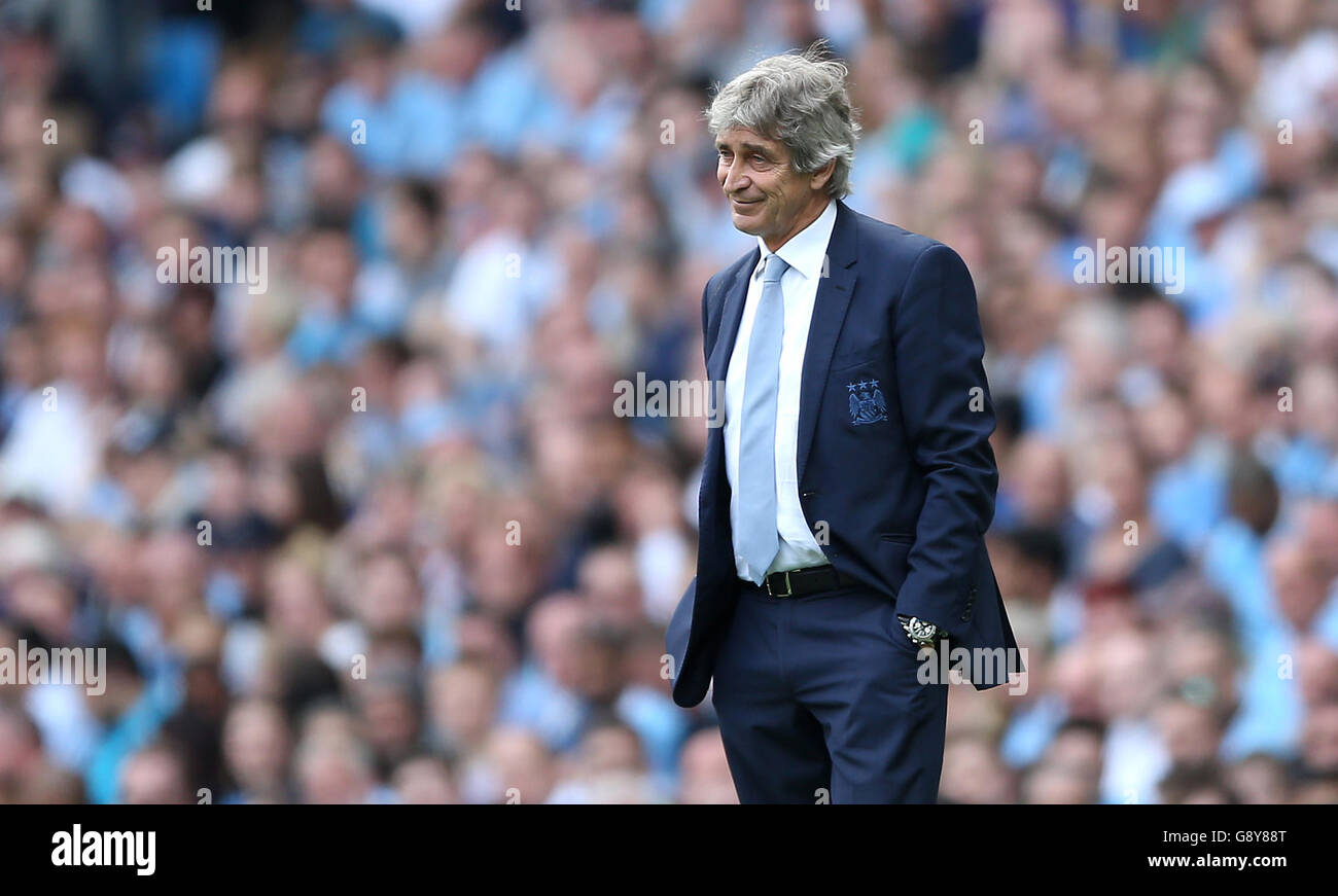 Manchester City manager Manuel Pellegrini during the Barclays Premier League match at the Etihad Stadium, Manchester. Stock Photo
