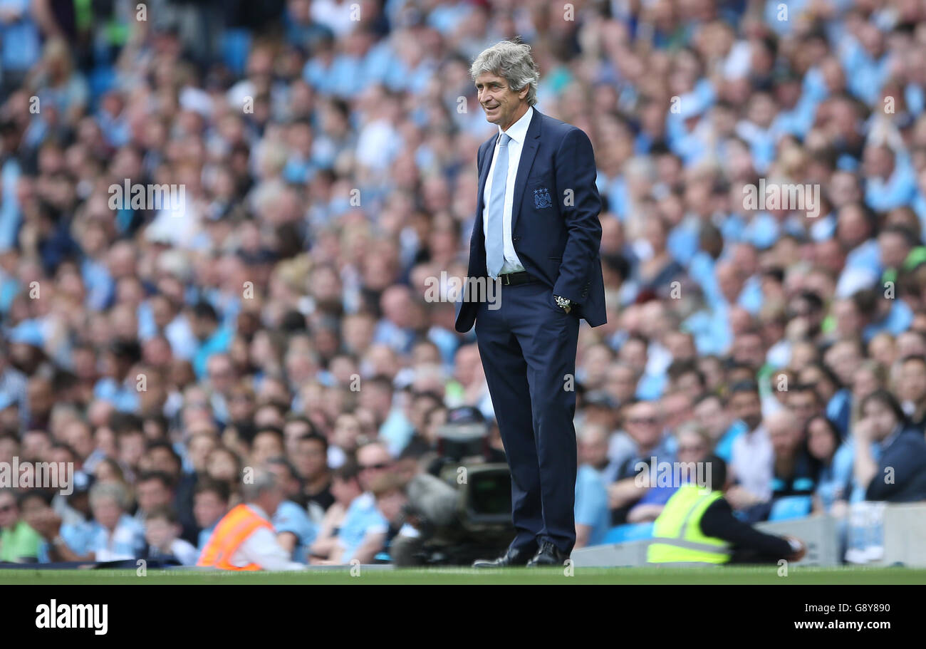 Manchester City manager Manuel Pellegrini during the Barclays Premier League match at the Etihad Stadium, Manchester. Stock Photo