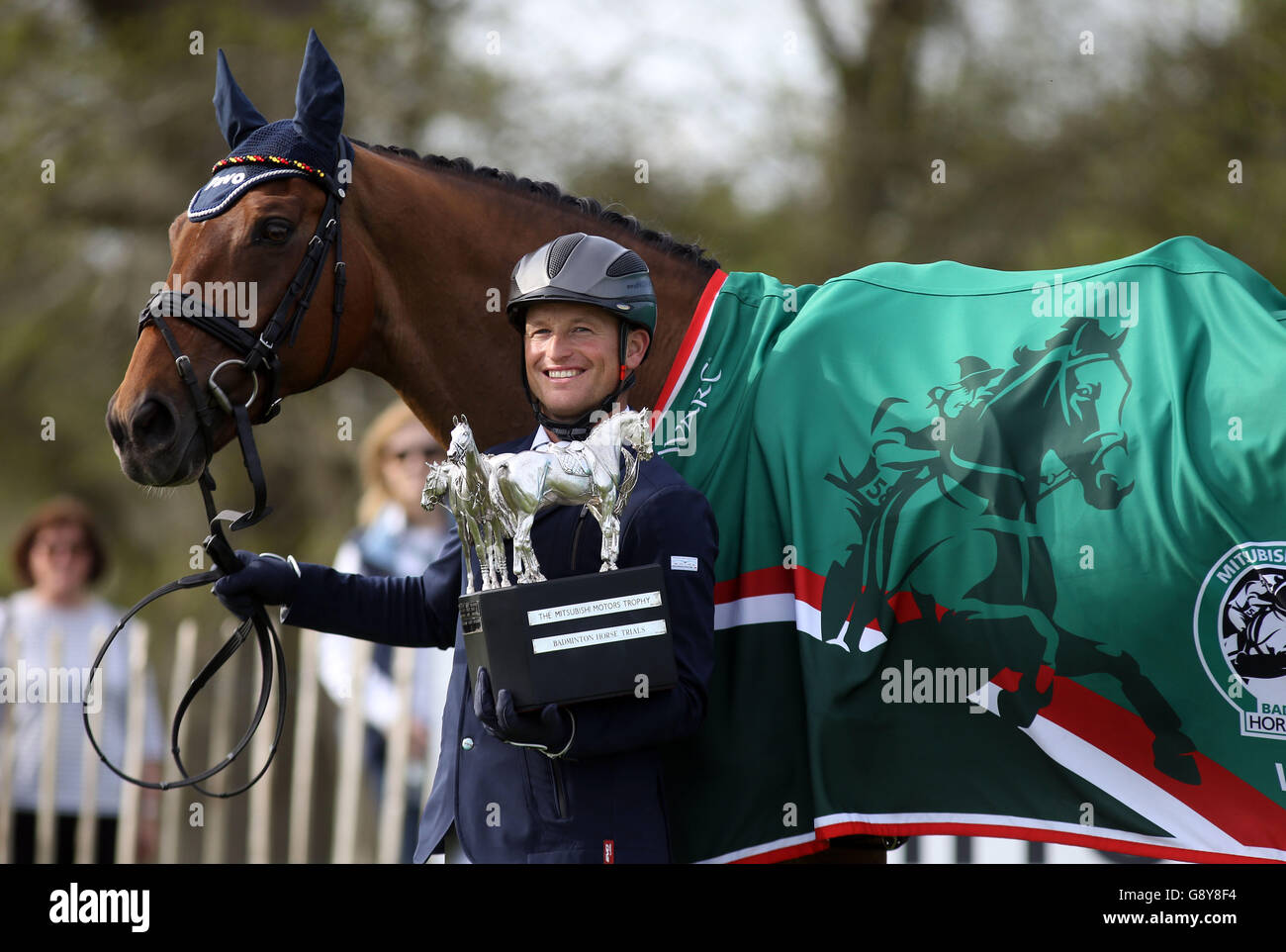 Germany's Michael Jung with the trophy after winning the 2016 Mitsubishi  Motors Badminton Horse Trials Stock Photo - Alamy