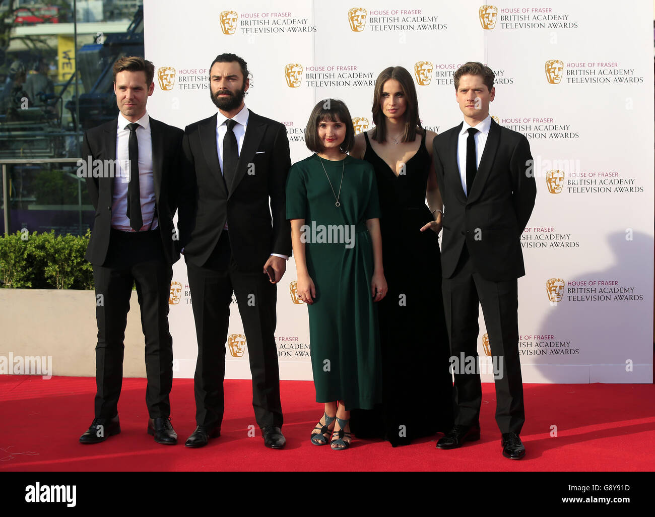 L-R) Luke Norris, Aiden Turner, Ruby Bentall, Heida Reed and Kyle Soller  attending the House of Fraser BAFTA TV Awards 2016 at the Royal Festival  Hall, Southbank, London. PRESS ASSOCIATION Photo. Picture