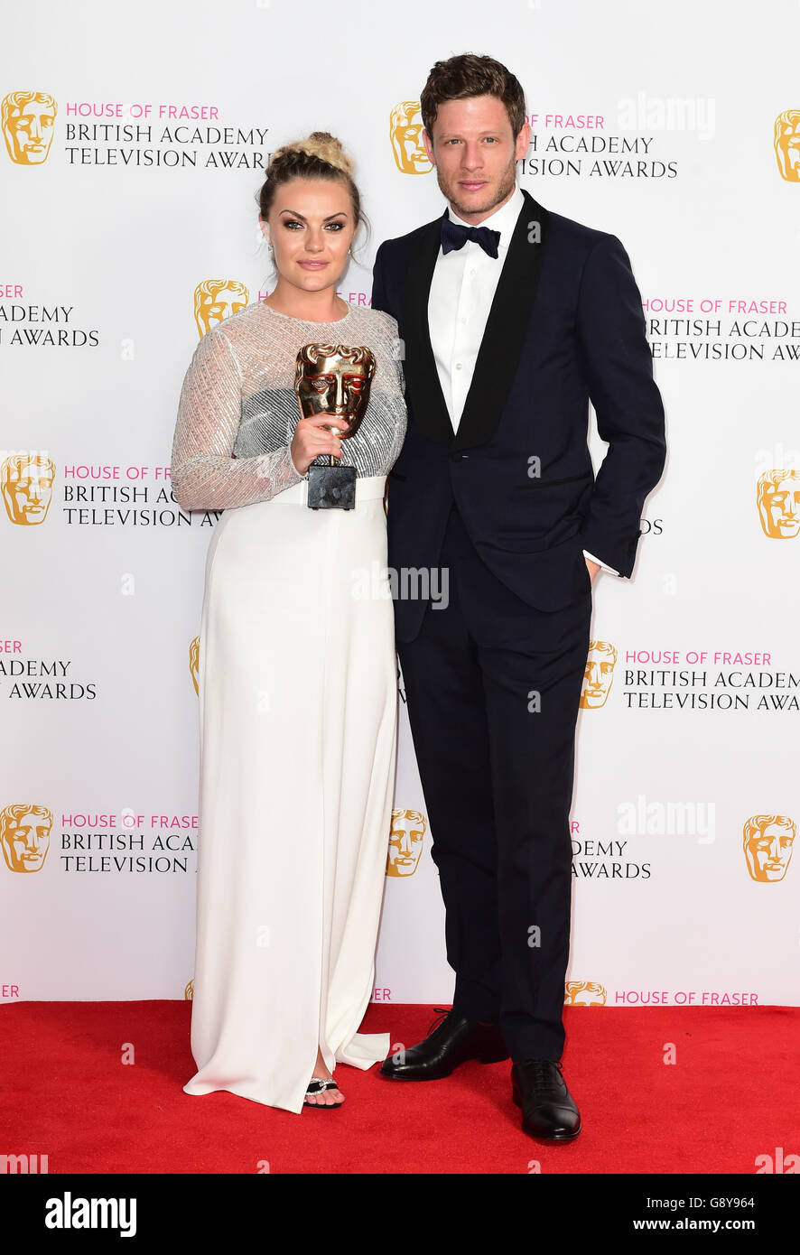 Chanel Cresswell with the award for best supporting actress and James Norton during the House of Fraser BAFTA TV Awards 2016 at the Royal Festival Hall, Southbank, London. Stock Photo