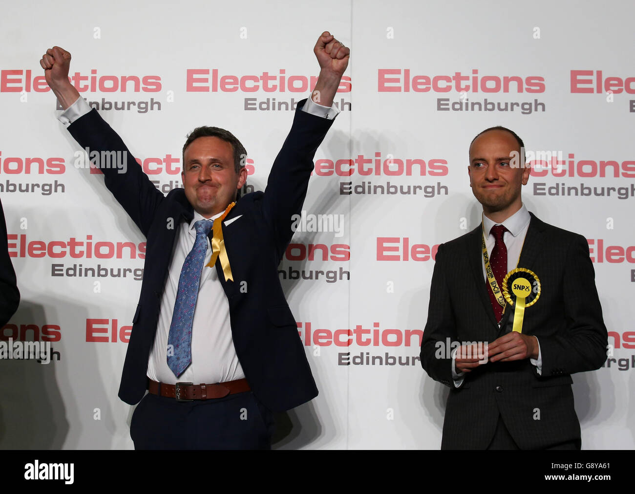 Scottish Liberal Democrat candidate Alex Cole-Hamilton(L) winning the Edinburgh Western seat with SNP candidate Toni Giugliano (R) at the Edinburgh Count at the Royal Highland Centre, Ingliston for the Scottish parliamentary elections. Stock Photo