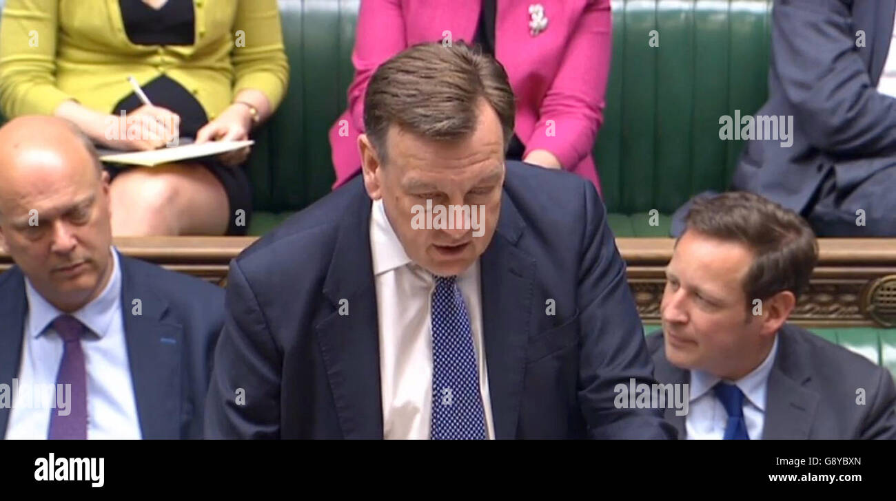 Culture Secretary John Whittingdale delivers a statement in the House of Commons, London, after the publishing of a long-awaited White Paper on the BBC's future. Stock Photo