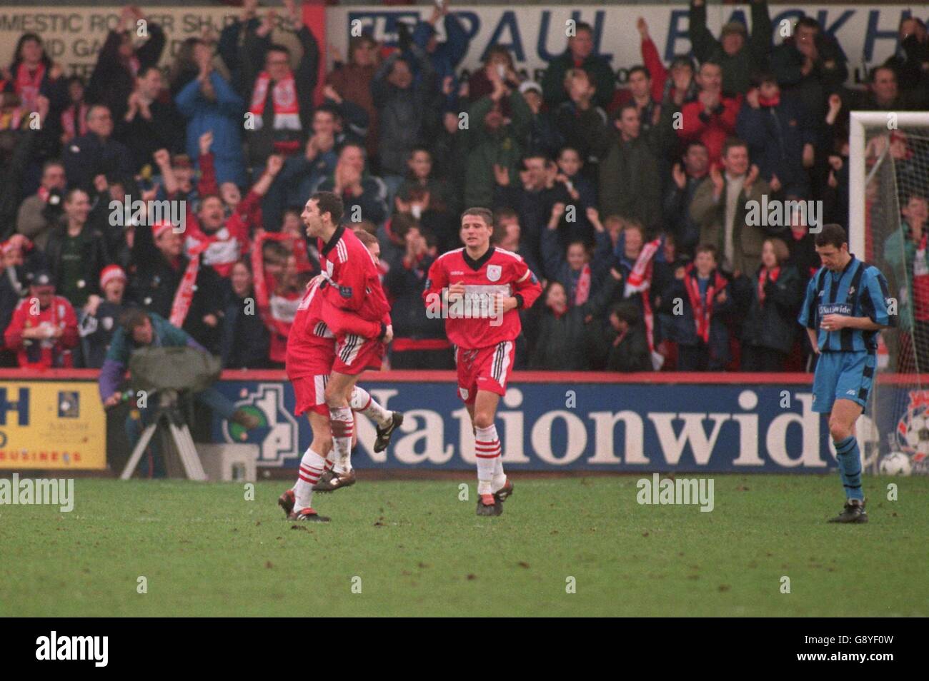 Soccer - Nationwide League Division One - Crewe Alexandra v Swindon Town. Crewe Alexandra's Colin Little (second left) is congratulated on scoring the first goal Stock Photo