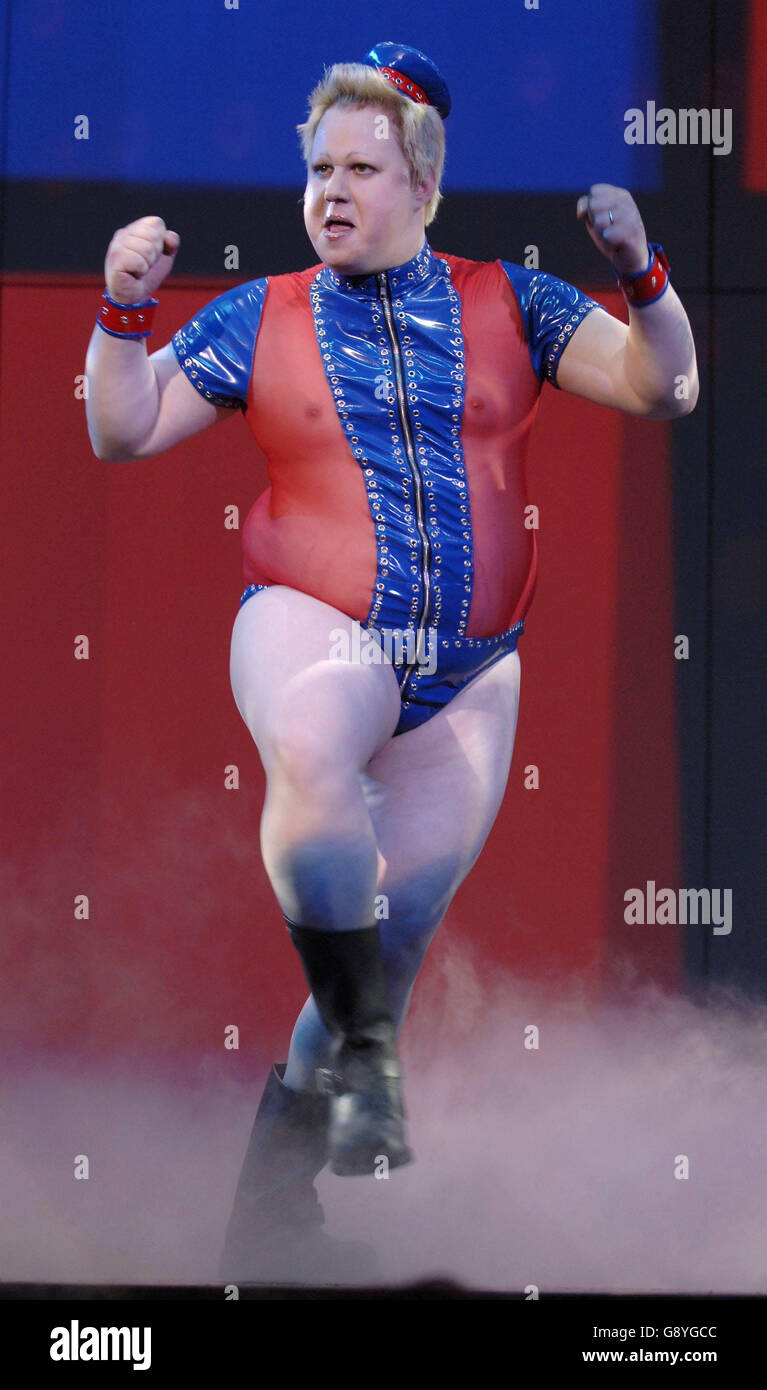 Matt lucas on stage as dafydd thomas, one of the characters from the  television comedy series 'little britain', during rehearsals for the 'little  britain' live stage show tour, at the guildhall, portsmouth.