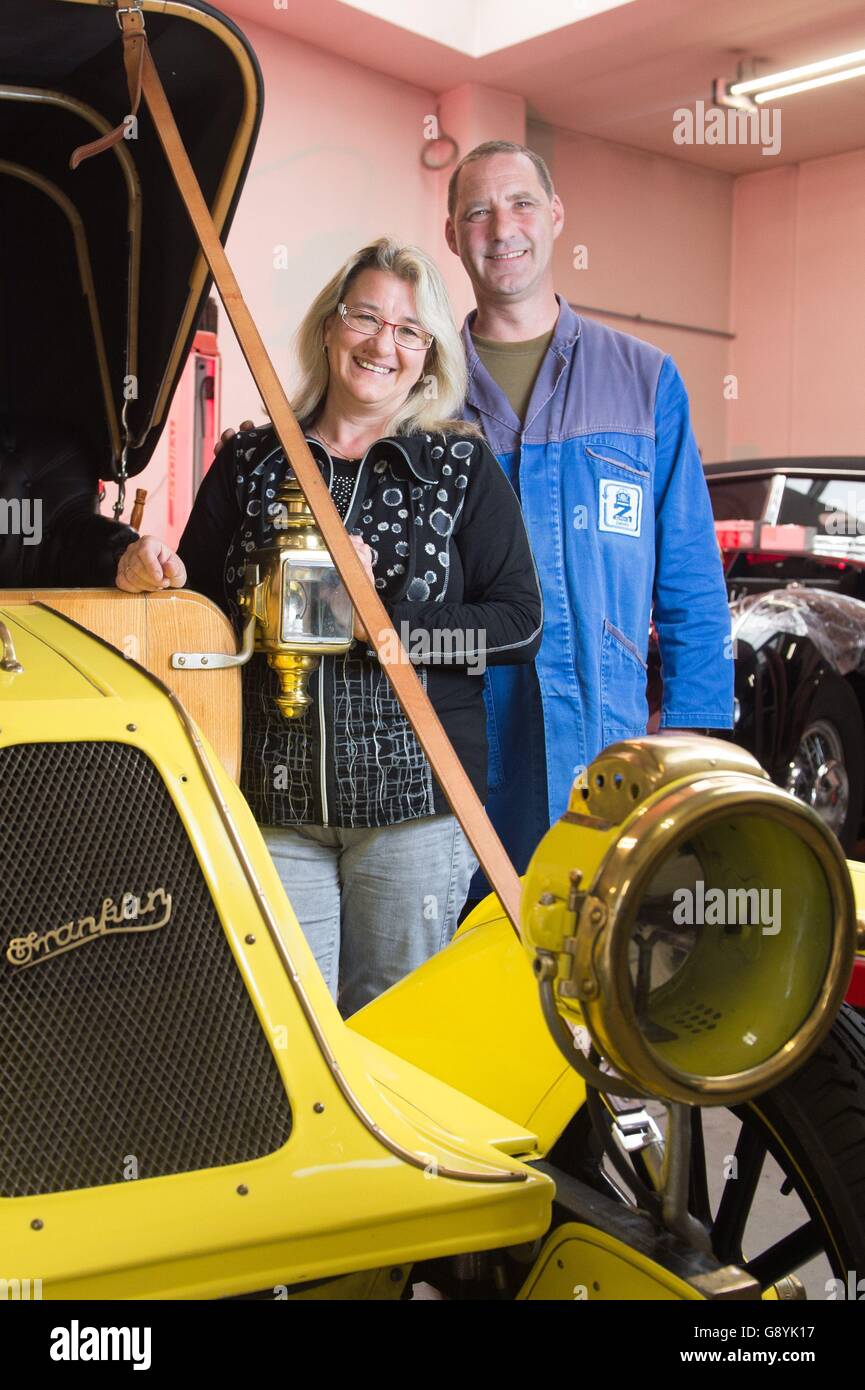 Zwoenitz, Germany. 24th May, 2016. Steffi Ott and Falk Zinke, general  managers of Technische Restaurationen Werner Zinke GmbH (lit. Werner Zinke  Technical Restorations GmbH), pose next to a Franklin in Zwoenitz, Germany,