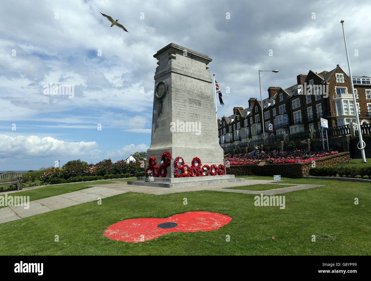 Hunstanton, Norfolk, UK. 30th June, 2016.  The Hunstanton War Memorial is bathed in sunshine as the Battle of the Somme 100th anniversary will be remembered tomorrow. On the first day of the battle, almost 60,000 British soldiers lost their lives. From the local community 53 residents were killed in WW I and 15 in WW II  Credit:  Paul Marriott/Alamy Live News Stock Photo