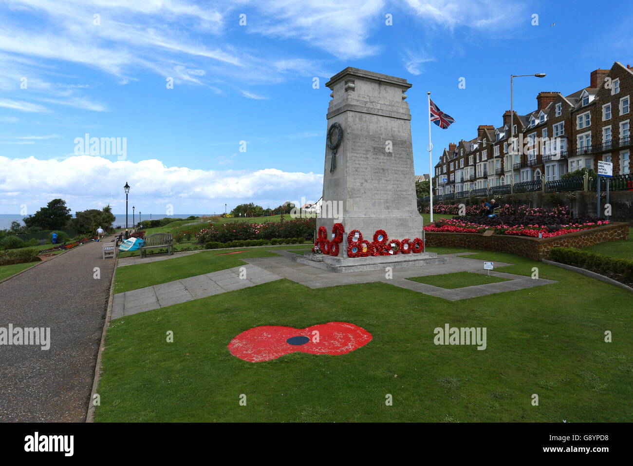 Hunstanton, Norfolk, UK. 30th June, 2016.  The Hunstanton War Memorial is bathed in sunshine as the Battle of the Somme 100th anniversary will be remembered tomorrow. On the first day of the battle, almost 60,000 British soldiers lost their lives. From the local community 53 residents were killed in WW I and 15 in WW II Credit:  Paul Marriott/Alamy Live News Stock Photo
