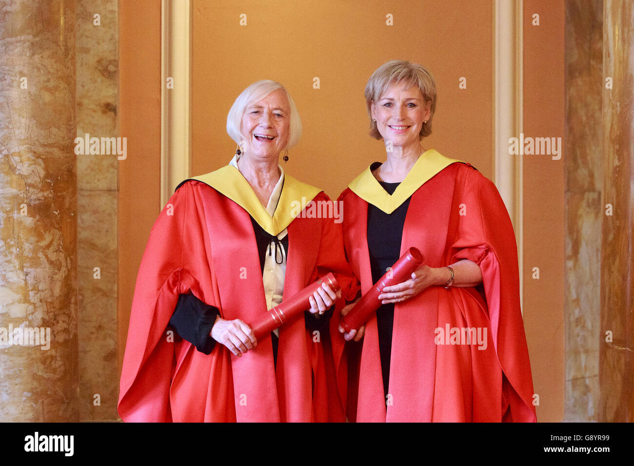 Edinburgh, UK. 30th June 2016. Edinburgh Honorary degree for broadcaster and writer Sally Magnusson and Gaelic singer, actress Dolina Maclennan. Pictured Dolina Maclennan and Sally Magnusson. Pako Mera/Alamy Live News. Stock Photo