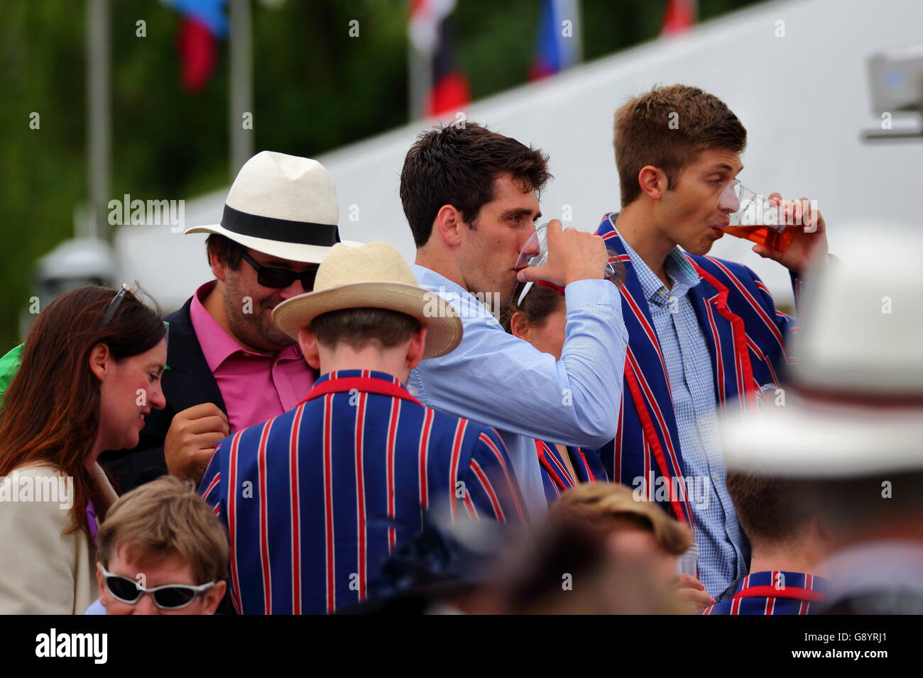 Rowers from all over the world came to the annual Henley Royal Regatta 2016, while revellers enjoy a drink. Stock Photo