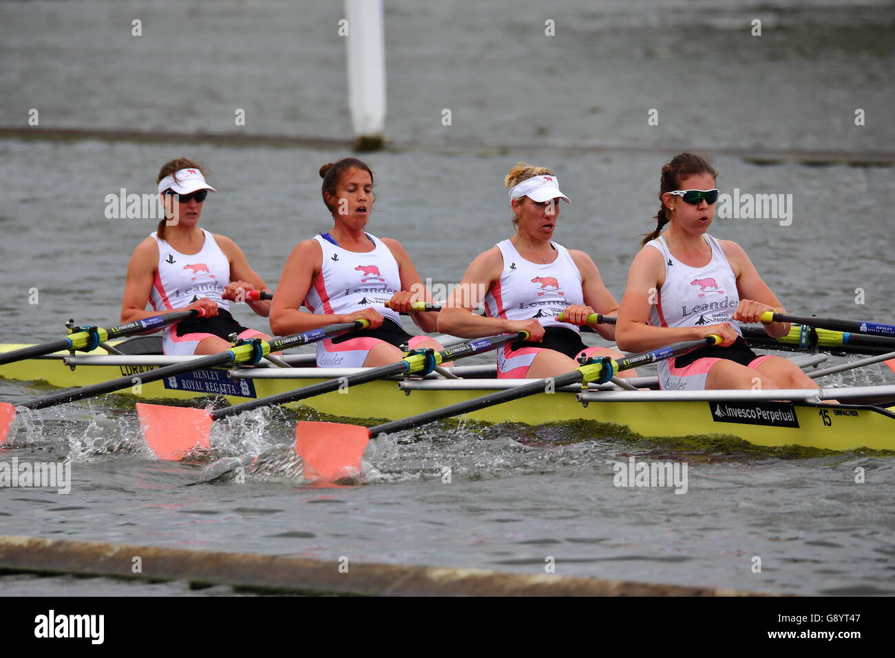 Rowers from all over the world came to the annual Henley Royal Regatta 2016. Leander club's women's quad competing in the Princess Grace Challenge Cup. Stock Photo