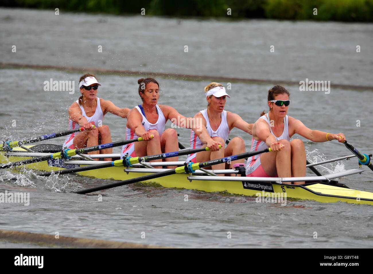 Rowers from all over the world came to the annual Henley Royal Regatta 2016. Leander club's women's quad competing in the Princess Grace Challenge Cup. Stock Photo