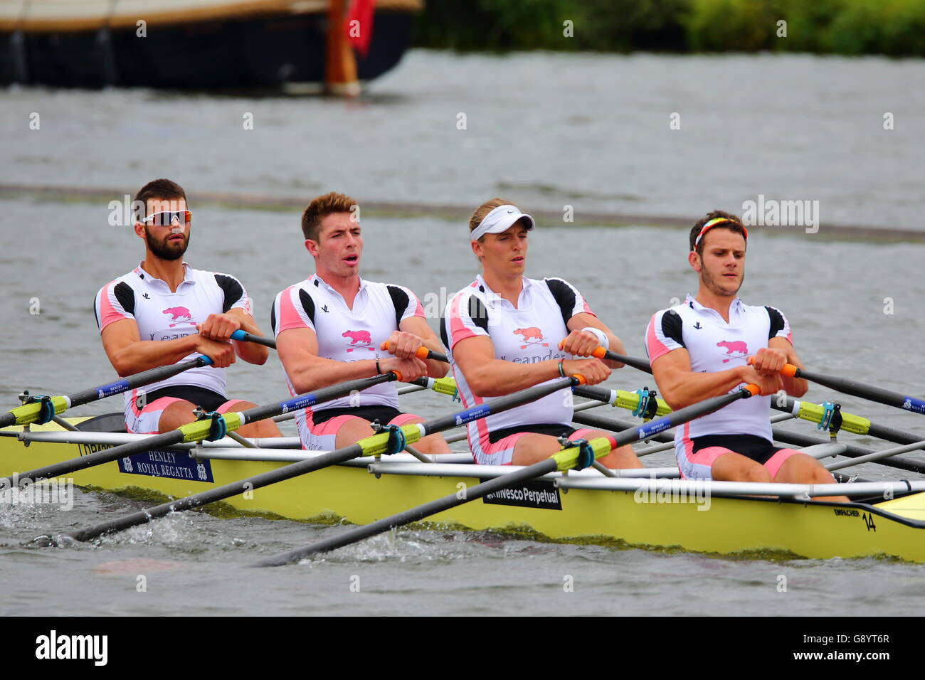 Rowers from all over the world came to the annual Henley Royal Regatta 2016. Leander club's men's quad Stock Photo