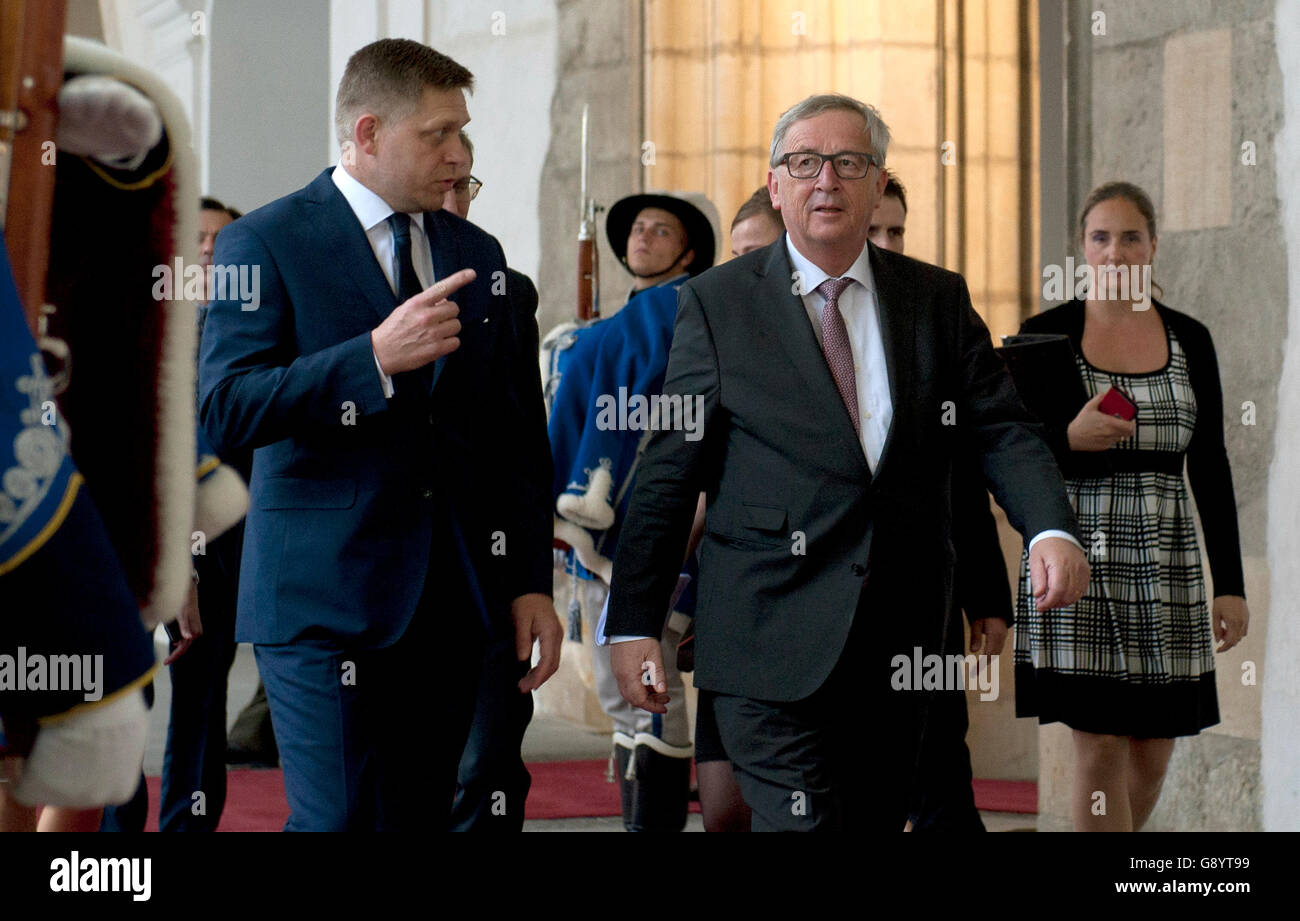 Slovakia's forthcoming EU presidency will be successful, President of the European Commission Jean-Claude Juncker, right, now on a visit to the country, said today, on Thursday, June 30, 2016. As of Friday, Slovakia will hold the EU presidency for the next six months. Prime Minister Robert Fico, left, said Slovakia wanted to focus on positive topics and to bring the European agenda closer to the public. Slovakia is taking up the EU presidency in the shadow of the outcome of the British referendum that has started a debate about the future form of the EU. (CTK Photo/Martin Mikuta) Stock Photo