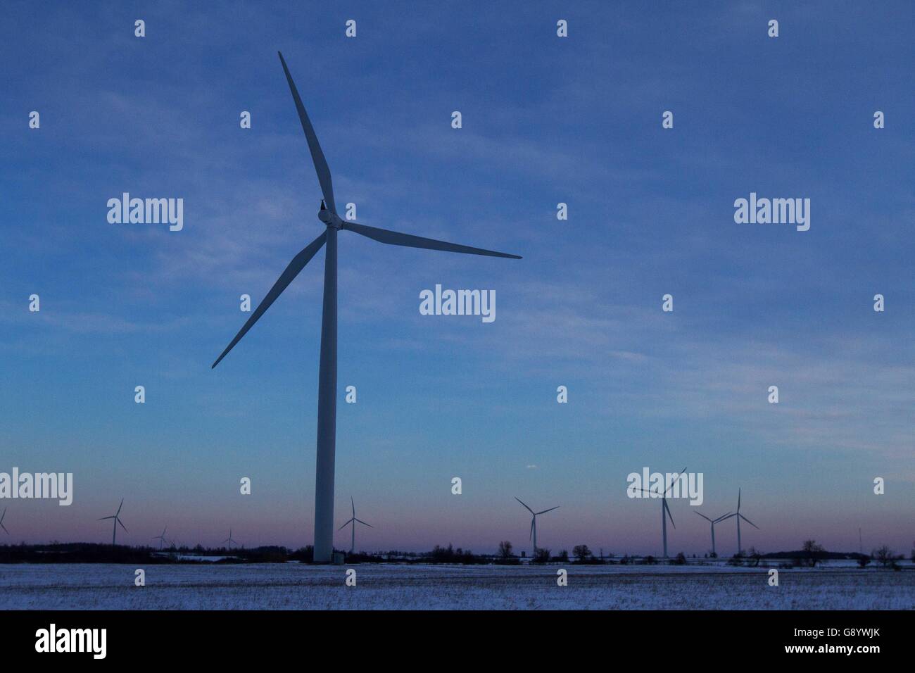 Marysville, Ontario, CANADA. 23rd Jan, 2016. Wind turbines just before