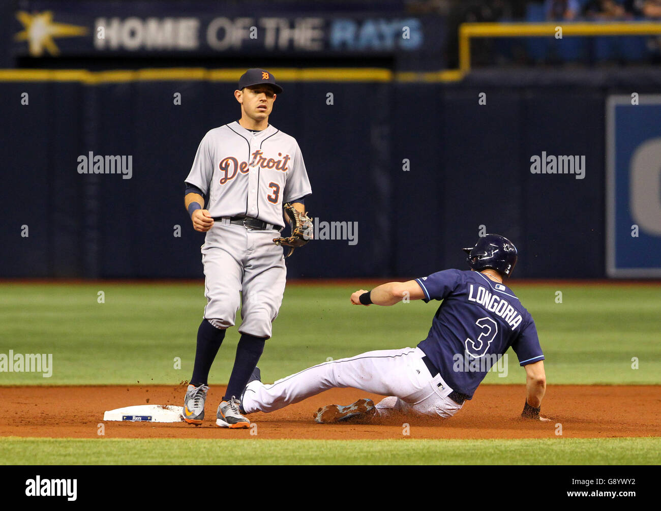 St. Petersburg, Florida, USA. 30th June, 2016. WILL VRAGOVIC | Times.Tampa Bay Rays third baseman Evan Longoria (3) advances to second on a wild pitch by Detroit Tigers starting pitcher Jordan Zimmermann (27) in the first inning of the game between the Detroit Tigers and the Tampa Bay Rays in Tropicana Field in St. Petersburg, Fla. on Thursday, June 30, 2016 Credit:  Will Vragovic/Tampa Bay Times/ZUMA Wire/Alamy Live News Stock Photo