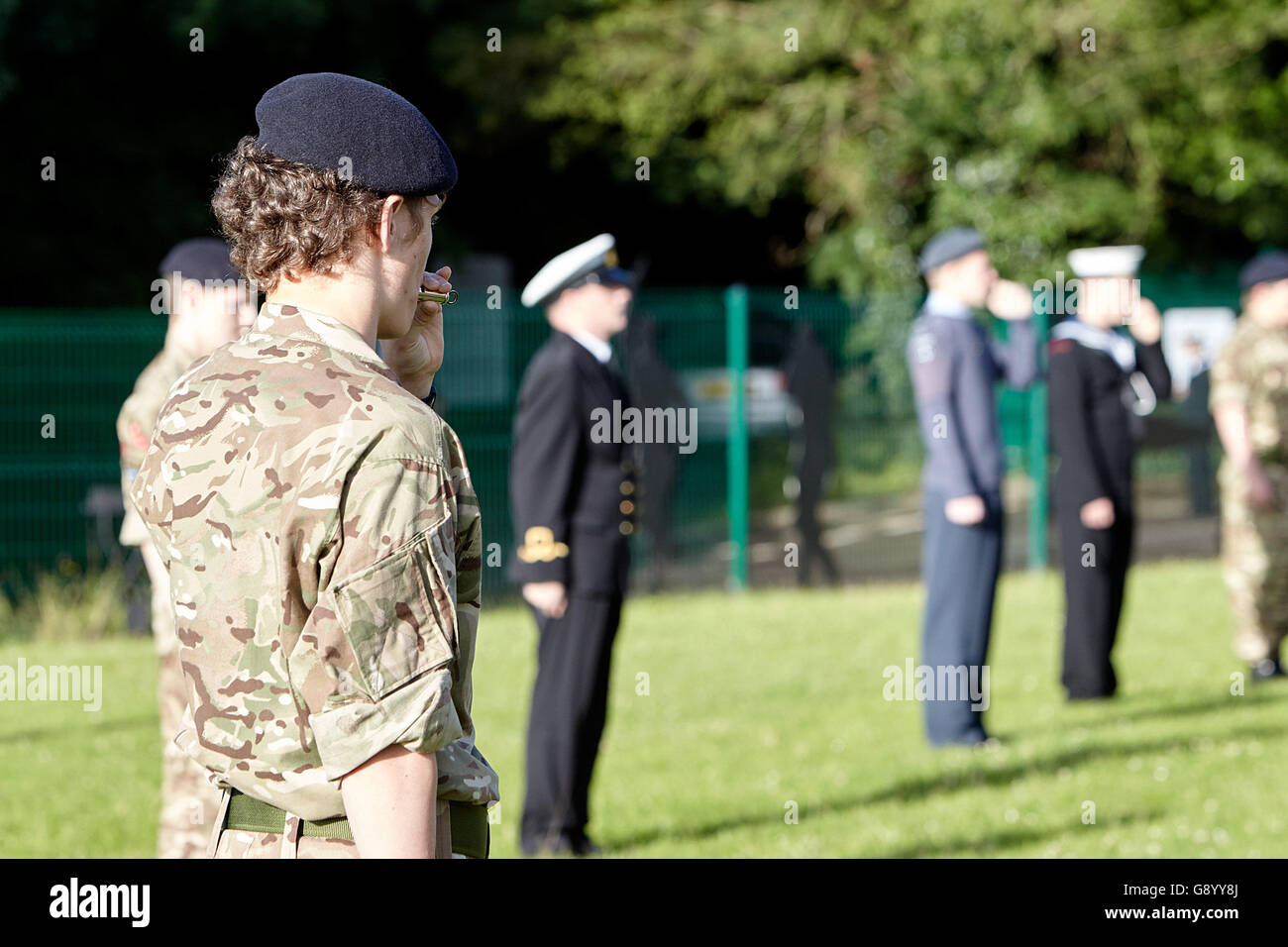 Newtownards, County Down, Northern Ireland. 1st July, 2016. Armed forces cadets blow whistles to