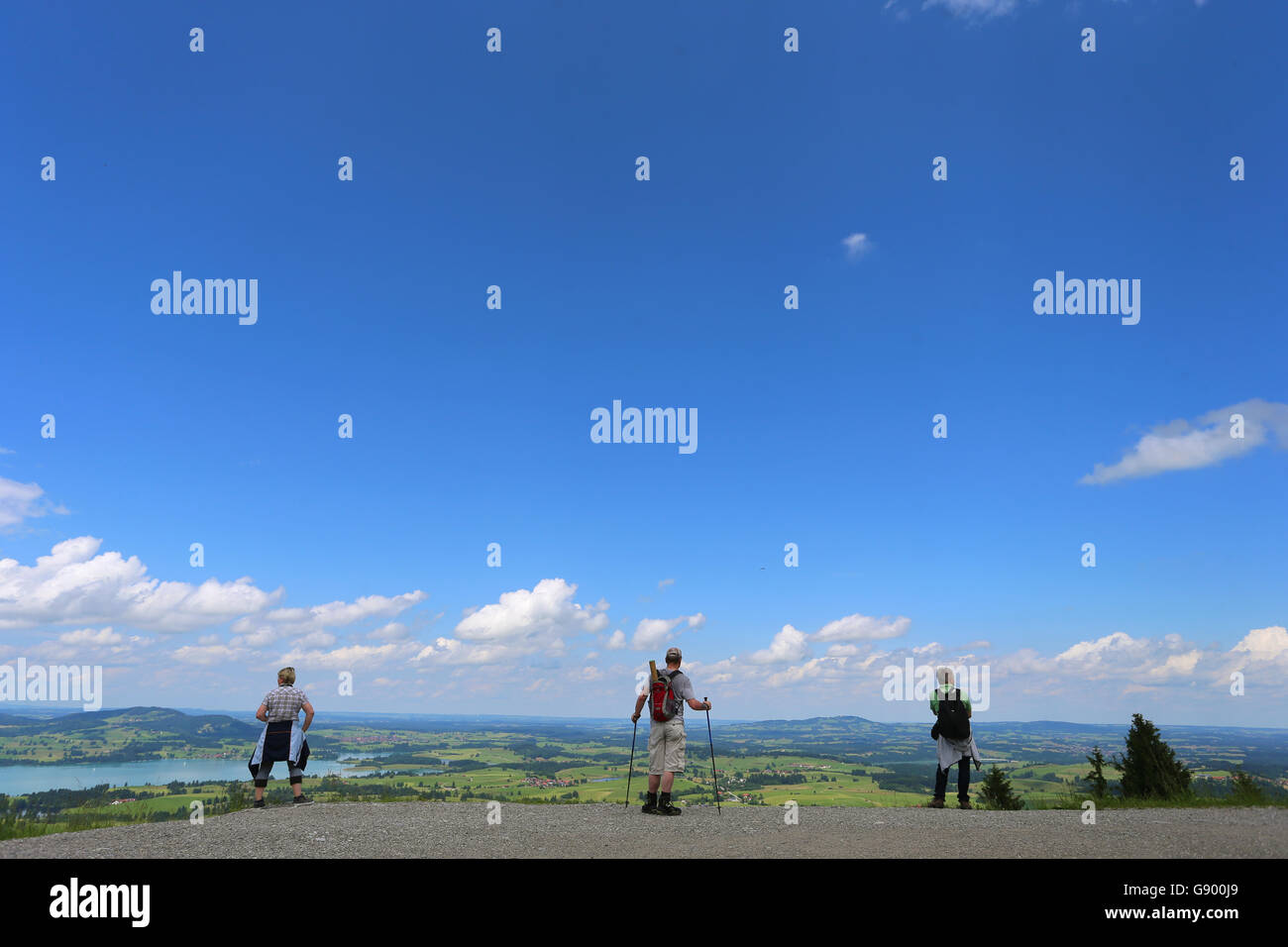 Buching, Germany. 1st July, 2016. Hikers enjoying the view from Buchenberg mountain near Buching, Germany, 1 July 2016. PHOTO: KARL-JOSEF HILDENBRAND/dpa/Alamy Live News Stock Photo
