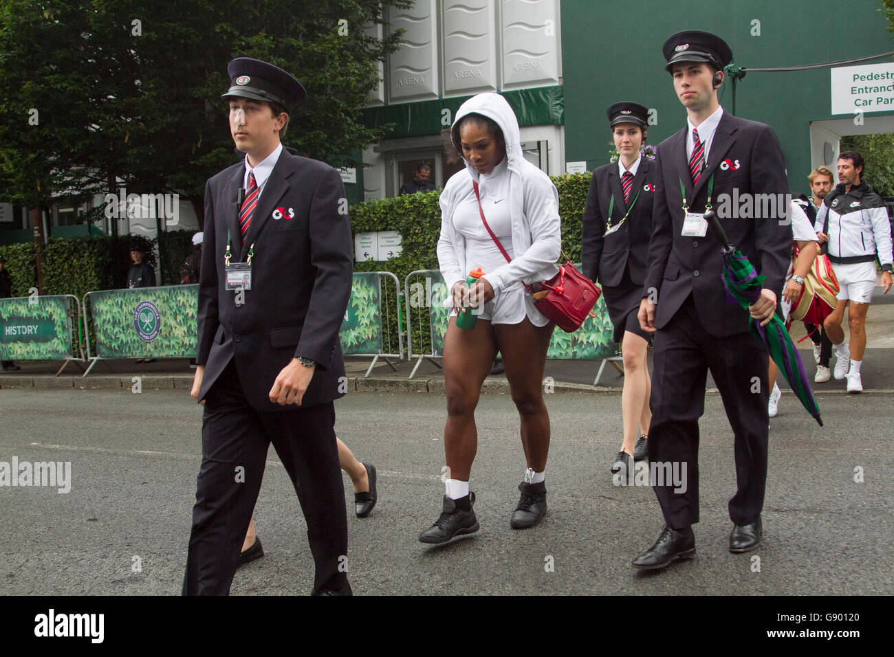 Wimbledon London,UK. 1st July 2016. Wimbledon champion and 21 Grand Slam  winner Serena Williams arrives at the AELTC on Day 5 of the 2016 Wimbledon  Championships protected by G4S security officials Credit: