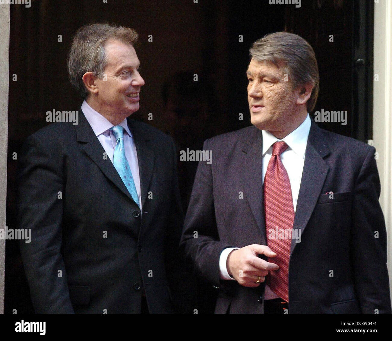 Britain's Prime Minister Tony Blair (R) with Ukraine's President Viktor Yushchenko outside 10 Downing Street in central London. Stock Photo