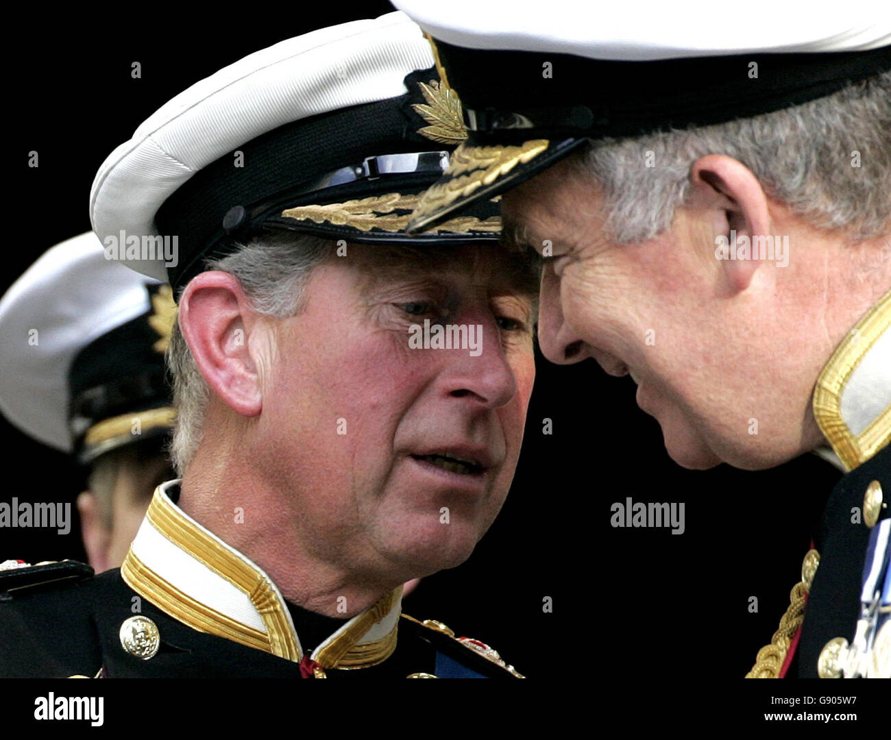 Britain's Prince Charles (L) speaks to First Sea Lord, Sir Admiral Alan West (R) as they leave St Paul's Cathedral in London after the Trafalgar service of commemoration, October 23,2005. The service was part of a series of events to commemorate the Battle of Trafalgar, in which Admiral Lord Nelson defeated the combined French and Spanish fleet off the Spanish coast near Cadiz in October 21, 1805. PRESS ASSOCIATION Photo. Photo credit should read: Paul Hackett/Reuters/Pool/PA Stock Photo