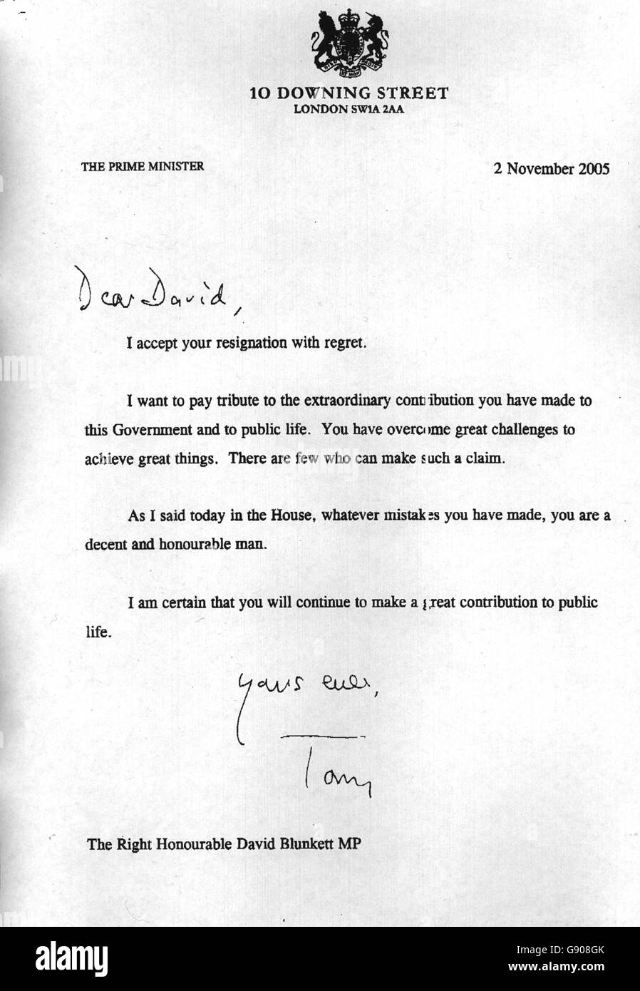 Photocopy of the letter sent by Prime Minister Tony Blair to David Blunkett, in which he accepted his resignation as Minister for Work and Pensions, Wednesday November 2, 2005. Blunkett has resigned from the Cabinet for the second time in a year. See PA story POLITICS Blunkett. PRESS ASSOCIATION Photo. Photo credit should read: PA. Stock Photo