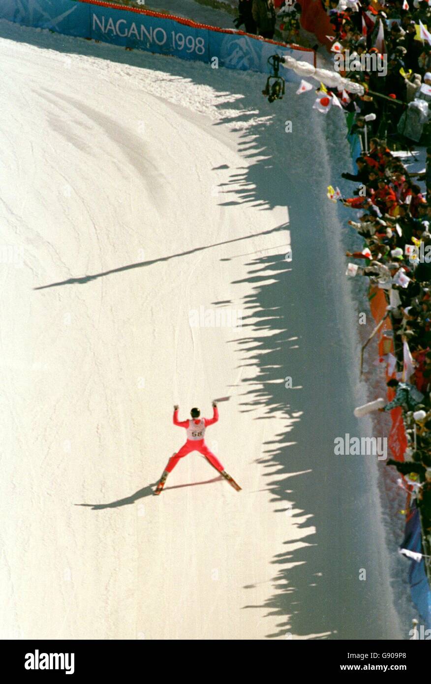 Celebrates as he lands in the mens ski jumping competition hires stock