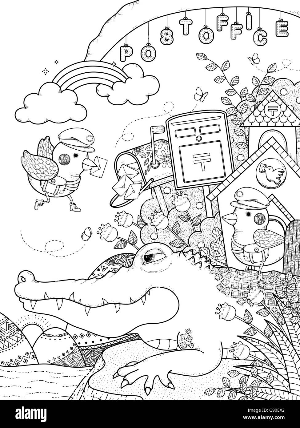 adult coloring page - cute alligator with birds mailman Stock Vector