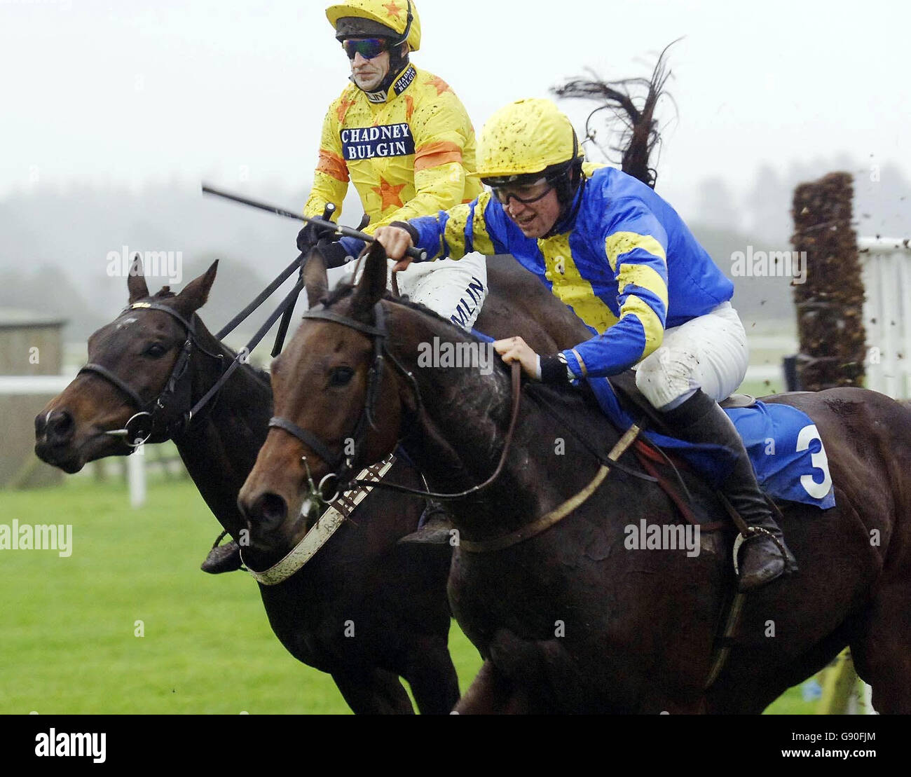Dancer Life (R) ridden by Christian Williams jumps the last to win the 3663 Duchy of Cornwall Challenge Cup Beginners' Chase at Exeter racecourse, Tuesday October 18, 2005. PRESS ASSOCIATION Photo. Photo credit should read: Barry Batchelor/PA. Stock Photo