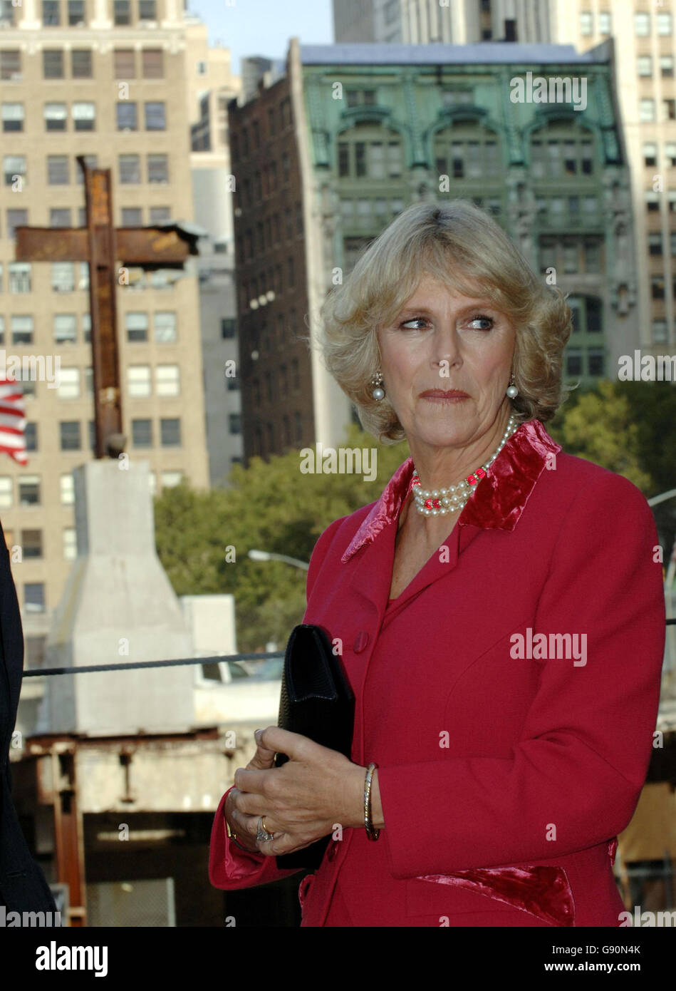 The Duchess of Cornwall during a visit to Ground Zero, the site of the World Trade Centre in New York, Tuesday 1 November 2005. Charles and Camilla touched down in the US at lunchtime and were whisked straight to Ground Zero to pay tribute to the victims of September 11, 2001. Neither had visited the city since the tragedy. Camilla, wearing a pink Italian wool crepe jacket and dress by British designer Roy Allen, placed a bouquet at a memorial overlooking the site. See PA Story ROYAL Charles. PRESS ASSOCIATION Photo. Photo credit should read: Arthur Edwards/PA/Pool/The Sun Stock Photo