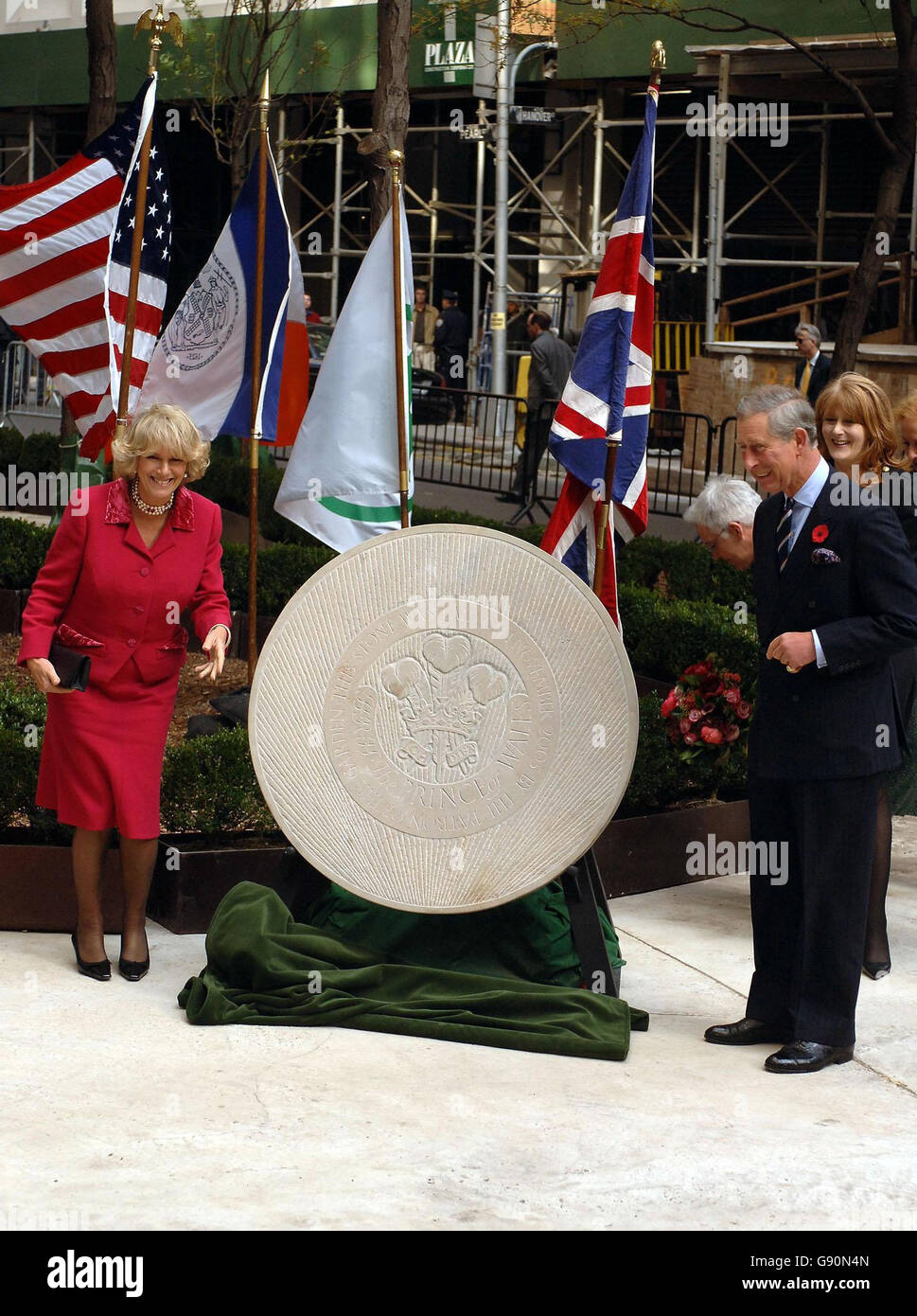 The Prince of Wales with his wife the Duchess of Cornwall, unveil a stone plaque in the British Memorial Gardens in Hanover Square, New York, this afternoon Tuesday November 1, 2005. The garden is a living memorial to the 67 British victims of the terrorist attack on the World Trade Centre, on September 9, 2001. The Prince of Wales and the Duchess of Cornwall arrived in the city at the start of a week-long tour of the USA, which will take them from New York to Washington and on to San Francisco. See PA story ROYAL Charles. PRESS ASSOCIATION Photo. Photo credit should read:John Stillwell/PA Stock Photo