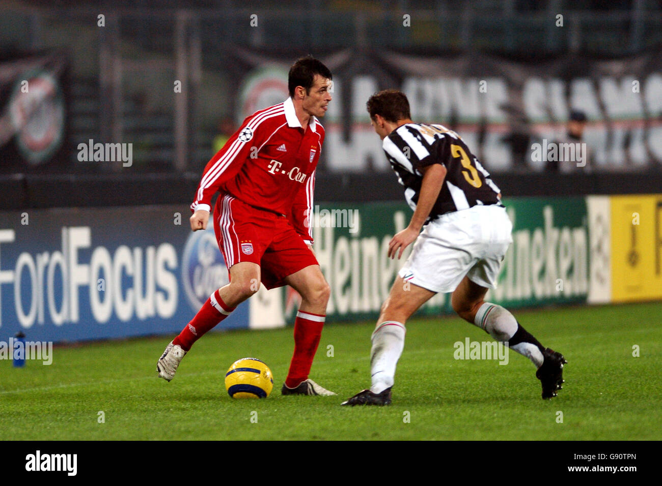 Bayern Munich's Willy Sagnol (R) and 1860 Munich's Lars Bender (L) shown in  action during the soccer friendly FC Bayern Munich vs TSV 1860 Munich at  Allianz-Arena in Munich, Germany, 26 January