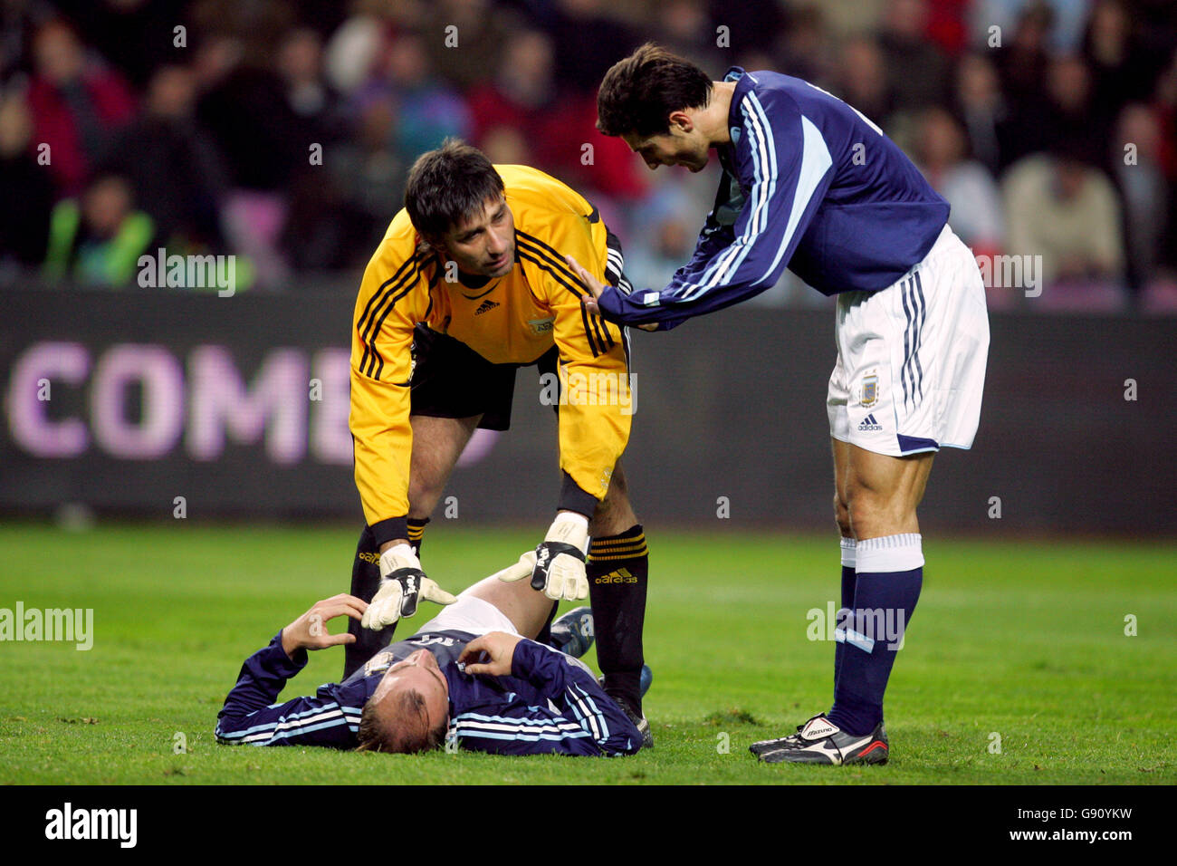 Argentina goalkeeper Roberto Abbondanzieri and Javier Zanetti check on injured team mate Esteban Cambiasso Stock Photo