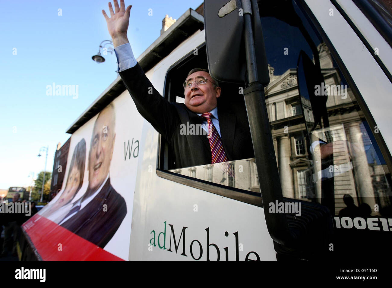 Labour Party Leader Pat Rabbitte in Labour's new public admobile outside Government Buildings,Dublin Tuesday November 1 2005. It is a mobile display featuring pictures of the Taoiseach Bertie Ahern and Tanaiste Mary Harney beside the single word 'wasters.' as the party stepped up the pressure over expensive public projects which have failed to deliver services. See PA story POLITICS Waste. PRESS ASSOCIATION Photo. Photo credit should read: Julien Behal/PA Stock Photo