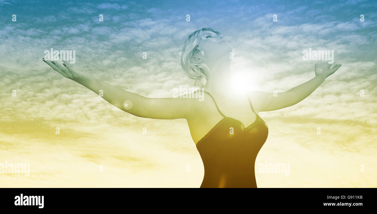 Enlightenment with Woman Holding Arms Out Happily Stock Photo
