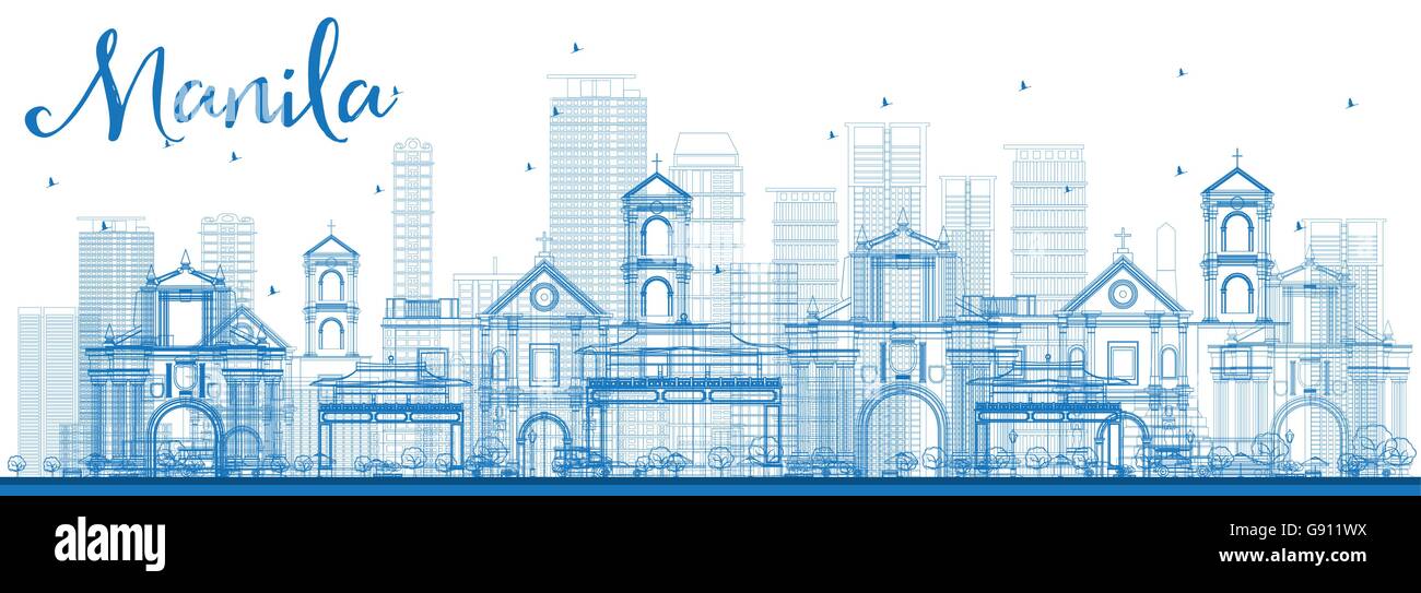 Outline Manila Skyline with Blue Buildings. Vector Illustration. Business Travel and Tourism Concept with Modern Buildings. Stock Vector