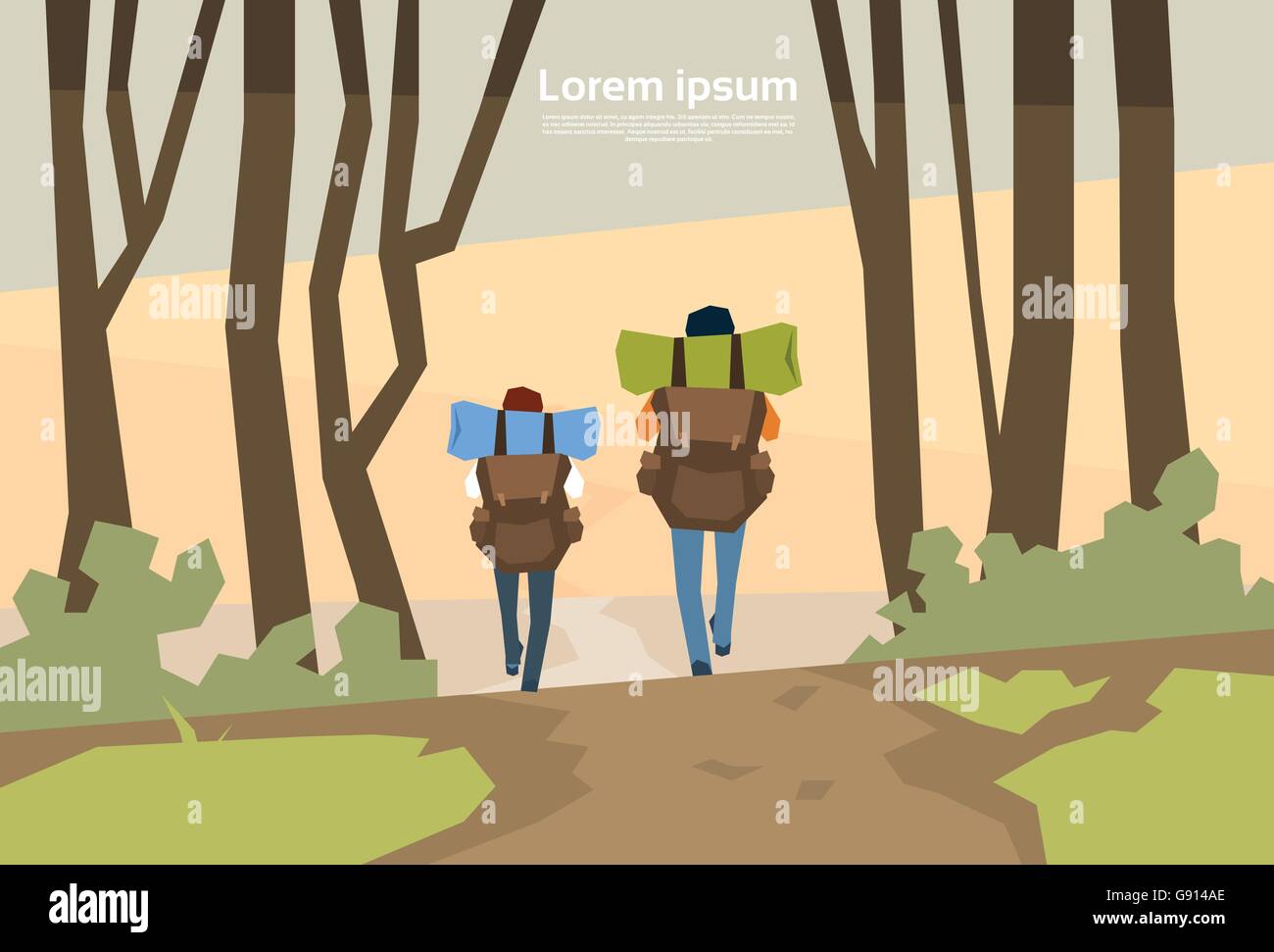 Traveler Couple Hikers With Rucksack Rear View Nature Background Stock Vector