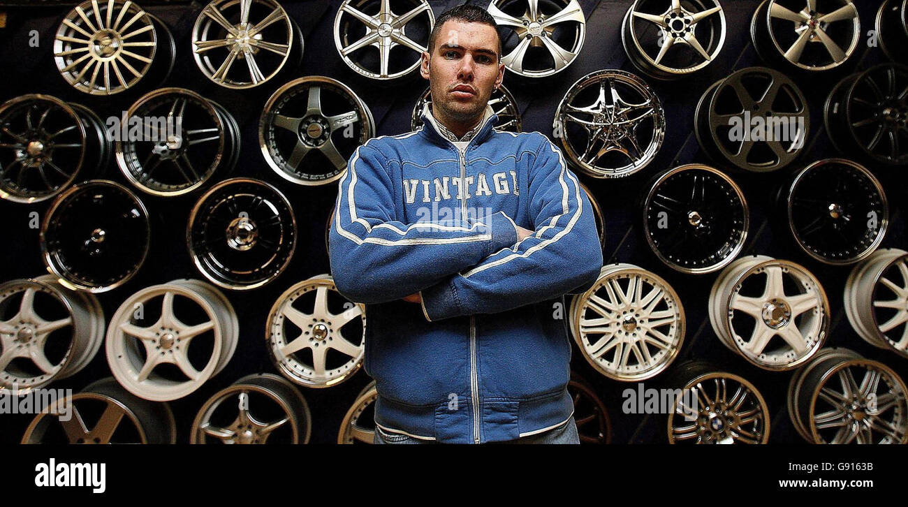 Robbie Barbar stands in front of some of special wheels available at IceTronix Conversions, Dublin, Thursday November 17, 2005. Government plans to outlaw souped-up car alterations were today blasted by car enthusiasts as out-dated and stupid. Ivor Callely, Minister of State at the Transport Department, said customising of cars including blackened-windows and double exhaust pipes could be targeted under a revamp of the National Car Test (NCT). See PA Story TRANSPORT NCT Ireland. PRESS ASSOCIATION Photo. Photo credit should read: Niall Carson/PA Stock Photo
