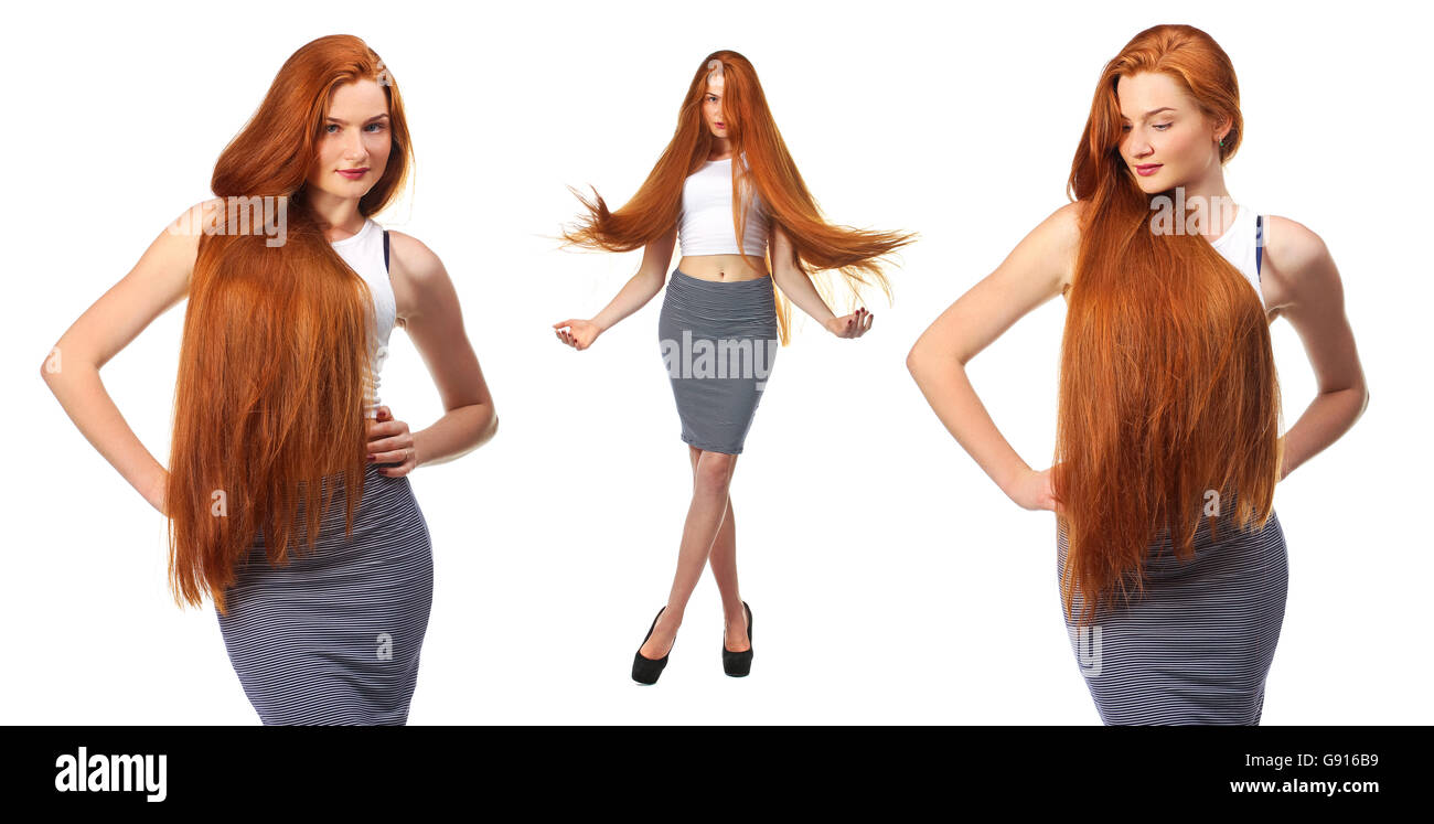 Beauty Girl Portrait. Healthy Long Red Hair. Beautiful Young Woman isolated on a white background Stock Photo
