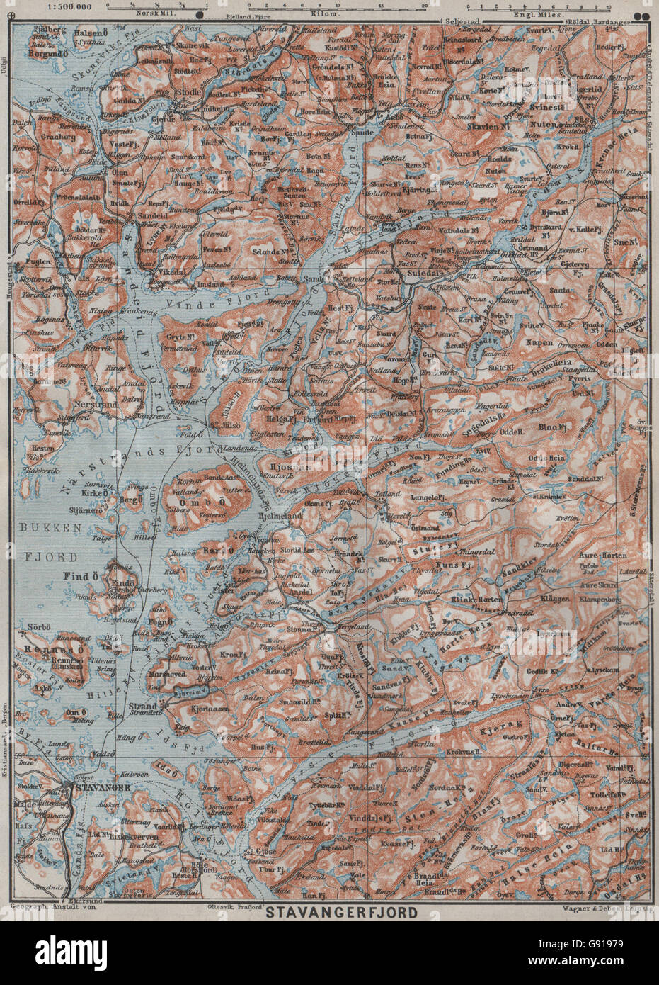 STAVANGER/BOKNA FJORD topo-map. Nedstrand Tau Sauda Etne. Norway kart, 1909  Stock Photo - Alamy