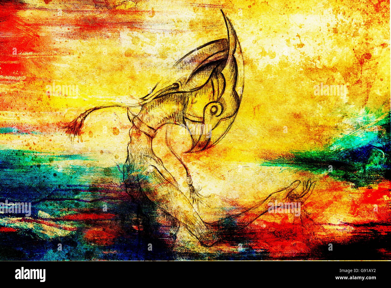 Transience Drawing allien hold sand, original drawing on paper. transience and time ...