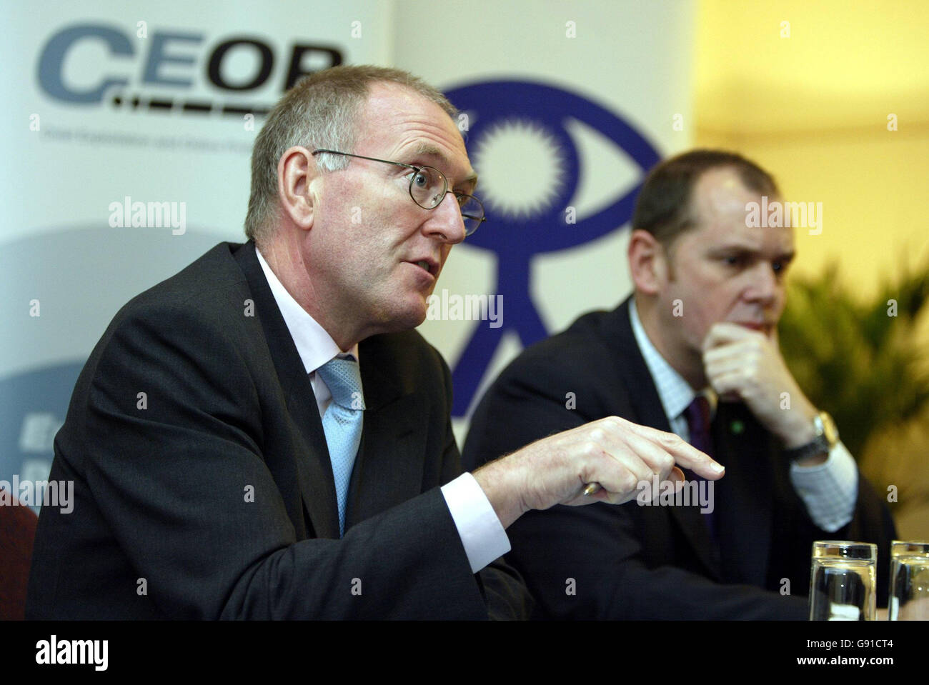 Mr Paul Goggins (left),Home office Minister and Chair of the Goverments Taskforce on child protection on the Internet, with Mr Jim Gamble , deputy director of the National Crime Squad,speaking at a press conference in Belfast,Tuesday 15th November 2005,The world's first centre dedicated to combating the exploitation of children by paedophiles on the internet was announced today.The unit, which will be headed by former Police Service of Northern Ireland Superintendent Jim Gamble, will provide a single point of contact for young people and adults to report online abuse.Up to 100 staff will work Stock Photo