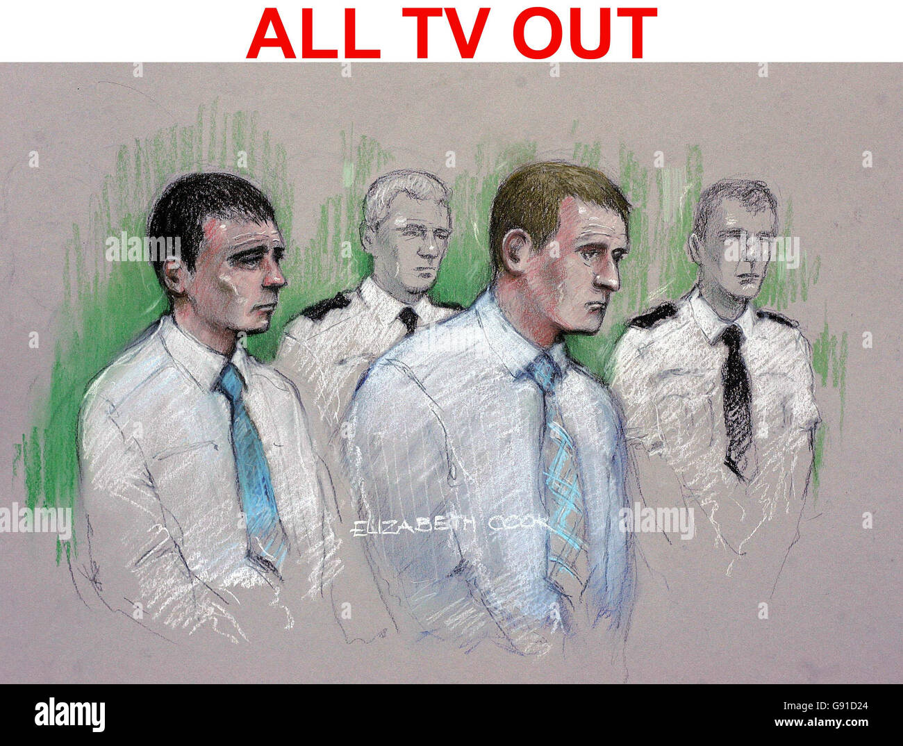 Artist's drawng of Paul Taylor, 20, (left) in the dock at Liverpool Crown Court Tuesday November 15, 2005, where he pleaded guilty to murdering 18-year-old A-level student Anthony Walker in Huyton, Merseyside, in July. 17-year-old Michael Barton (second right), denies Mr Walker's murder and his trial has been adjourned until Wednesday. See PA story COURTS Axe. PRESS ASSOCIATION drawing. Credit should read: Elizabeth Cook / PA. Stock Photo