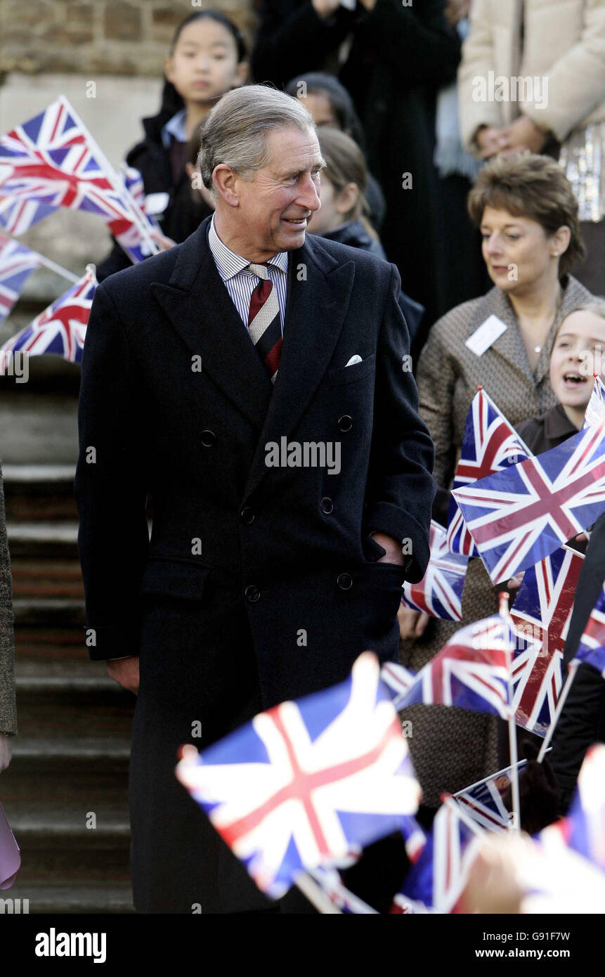 The Prince of Wales during a visit to the North London Collegiate School, Monday 21 November 2005 after he had earlier met volunteers who are helping rebuild parts of Sri Lanka hit by the Boxing Day tsunami by harnessing methane gas from buffalo.Charles visited the Department for Education and Skills in central London, where he met three women who helped set up an 'eco-centre' in one of the worst hit regions. But they did not manage to tell the Prince about one of their more innovative projects - collecting 'bio-gas' from buffalo faeces to fuel nearby cooking stoves. See PA Story ROYAL Stock Photo