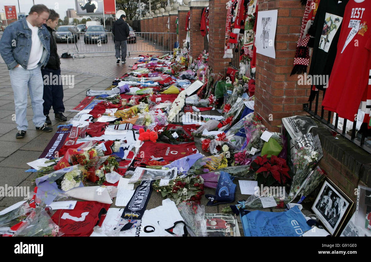 Tributes to footballer George Best outside Old Trafford, Manchester ...