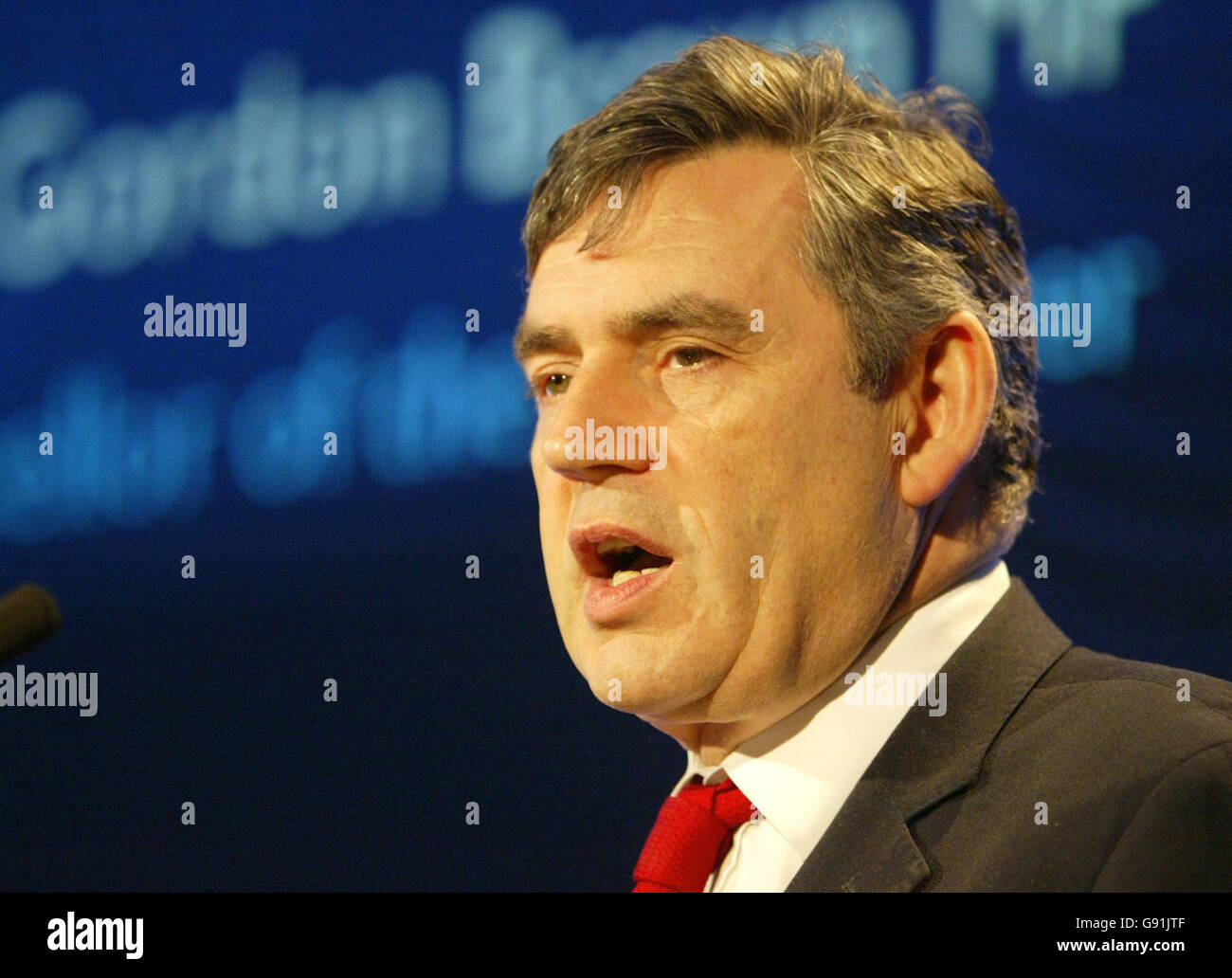 British Chancellor, Gordon Brown delivers his speech at the Advancing Enterprise Conference in central London, Friday December 2, 2005, ahead of the two-day G7 finance minister's meeting in London. In the speech he lobbied for a deal on fairer world trade ahead of the crucial Hong Kong summit of the World Trade Organisation. See PA story POLITICS G7. PRESS ASSOCIATION photo. Photo Credit should read: Martyn Hayhow/PA/WPA Rota AFP. Stock Photo