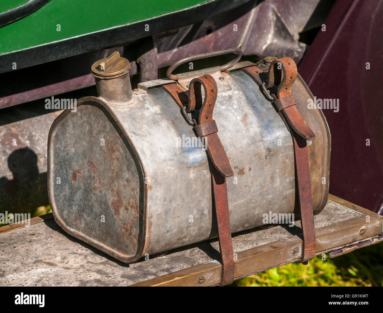 Spare petrol tank detail of vintage car - France. Stock Photo