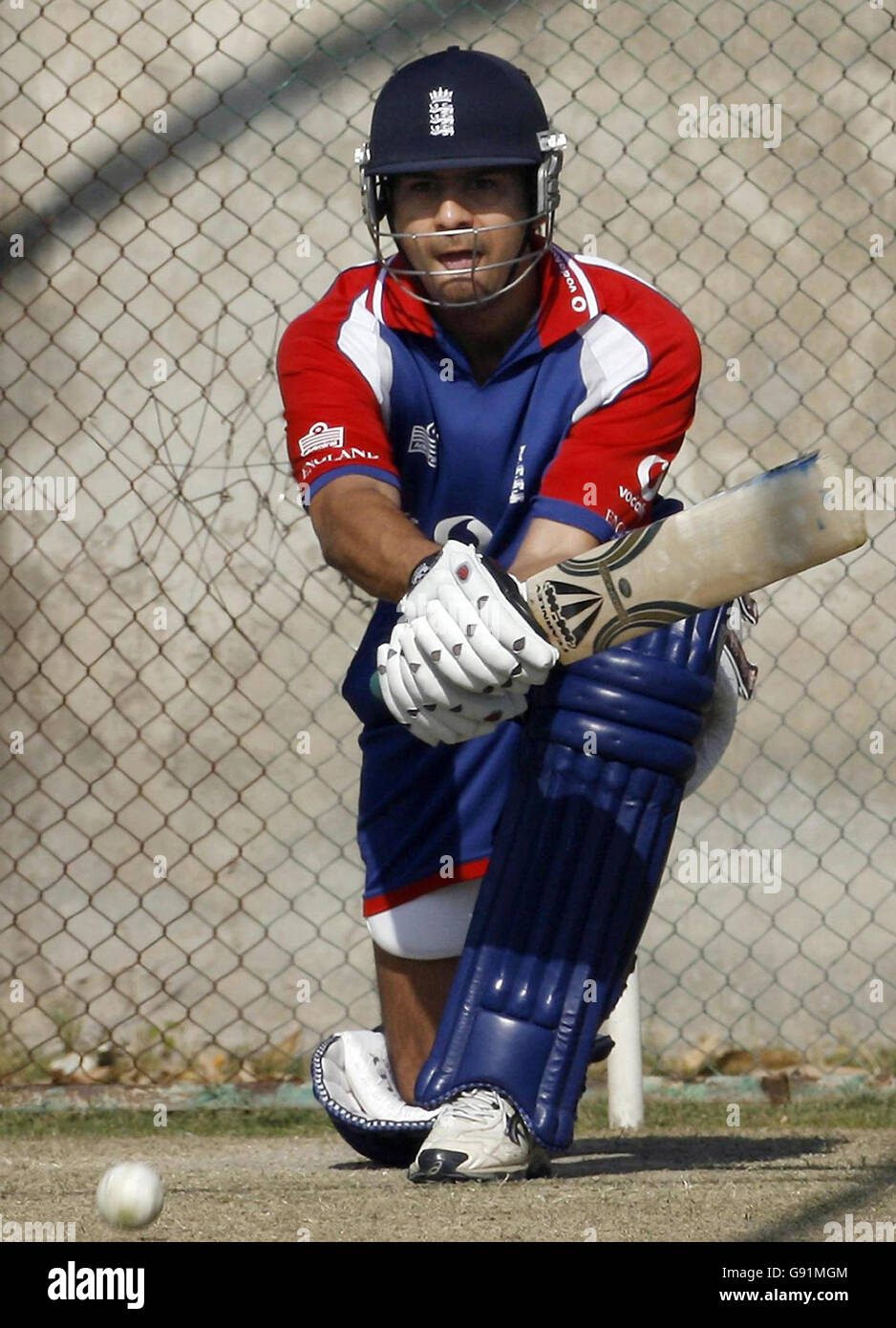 England's Vikram Solanki prepares to start a nets practice session at