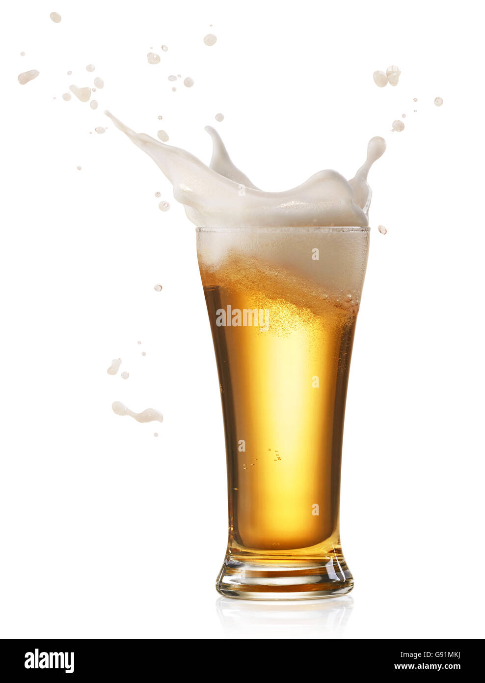glass of splashing beer isolated on white Stock Photo